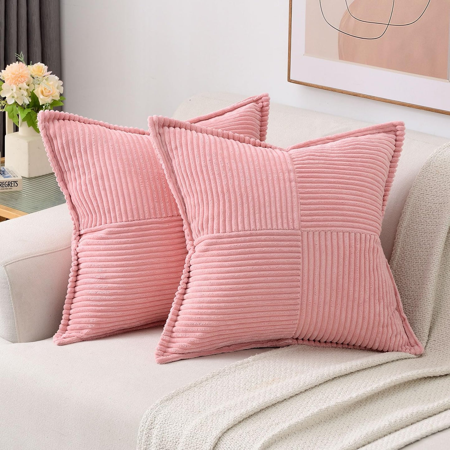 HAUSSY Pack of 2 Corduroy Throw Pillow Covers26x26 Inch, Rust | Decorative Striped Soft Boho Farmhouse Pillowcases, Machine Washable, Couch Bed Sofa Living Room Home Decor, No Insert BST202