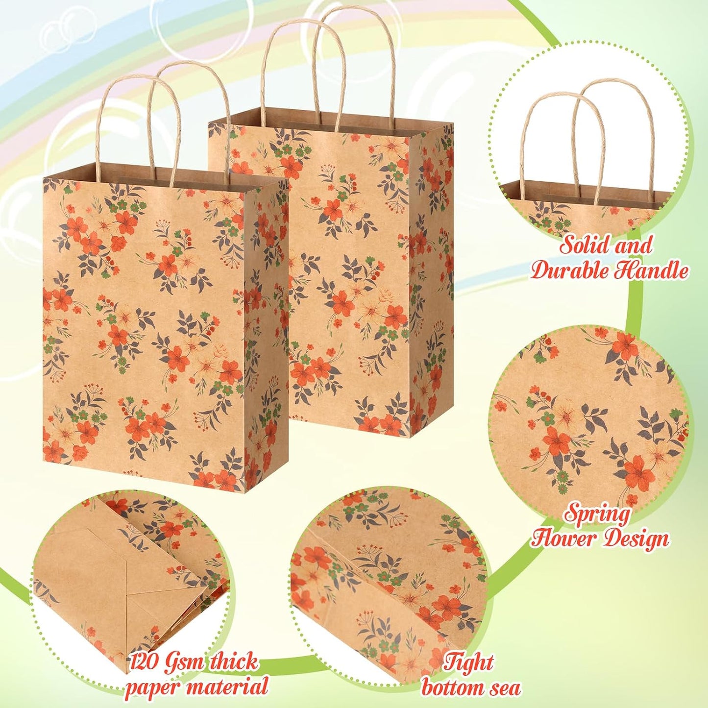 TaoBary 24 Pieces Floral Gift Bags with Handle Kraft Flower Treat Goodie Bags for Summer Spring Party Favor Supplies Decoration WN420