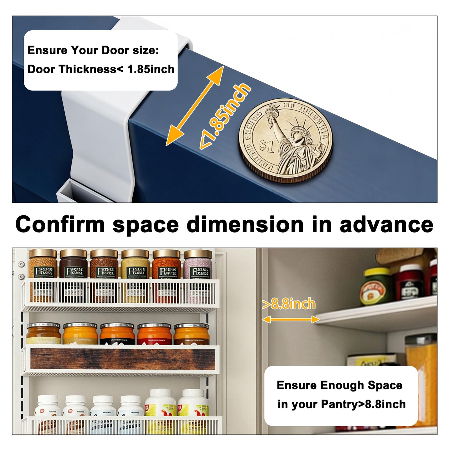 6 Tier Pantry Door Organizer Spice Rack, 2-IN-1 Wall Mount or Hanging Over Door Seasoning Organizer with Adjustable Baskets, Heavy Duty Behind Door Storage Shelves for Pantry, Cabinet and Kitchen BST220