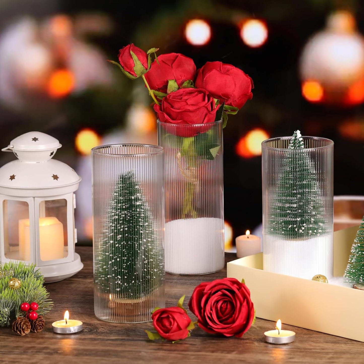 Glass Ribbed Cylinder Vases, 8 Inch Tall, Clear, Pack of 3 | Flower Vases in Bulk, Hurricane Floating Candle Vases, For Party Home Decor BST326H