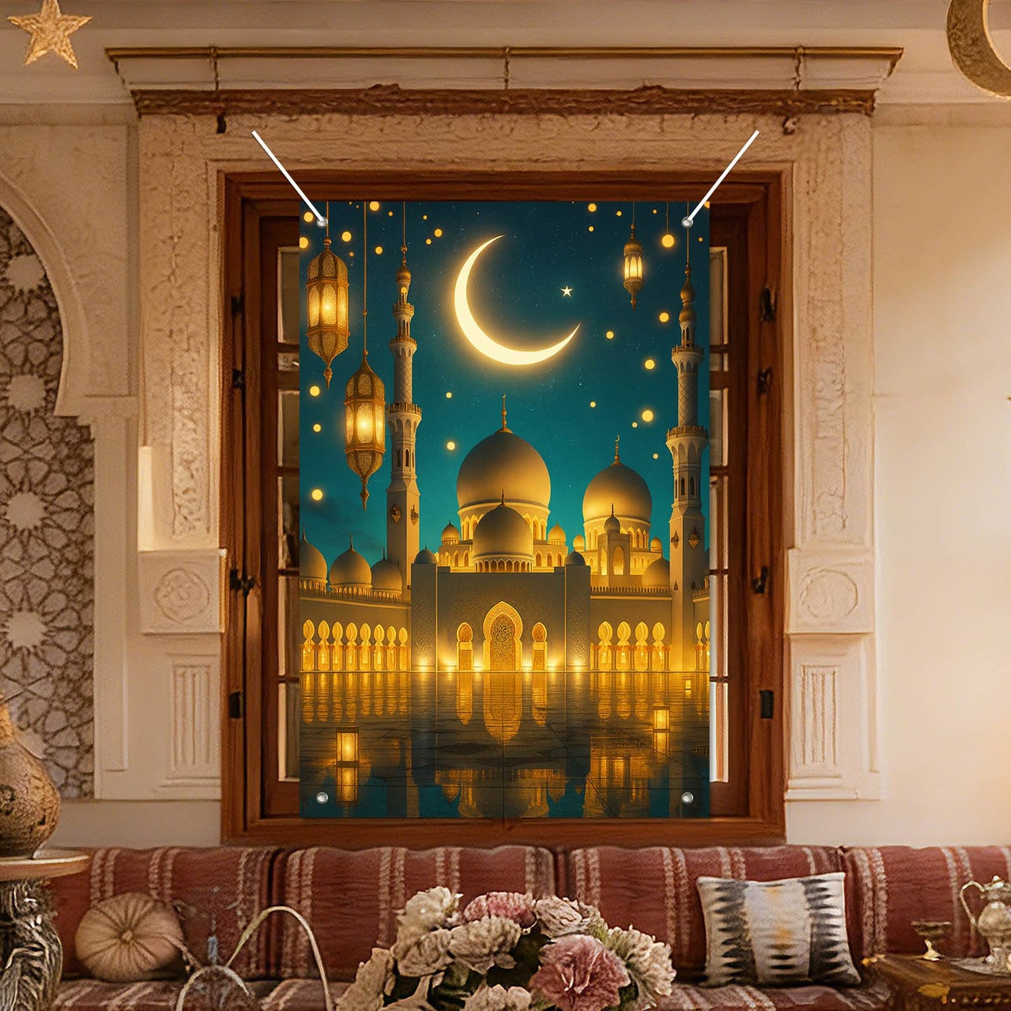 HOMETITUTE Eid Ramadan Window Banner Holiday Curtain Backdrop 31x47 Fabric | Mubarak Cover Festival Screen Windows Banner Hanging Living Room Bedroom Home Crescent Moon Star Pattern Design BST326H