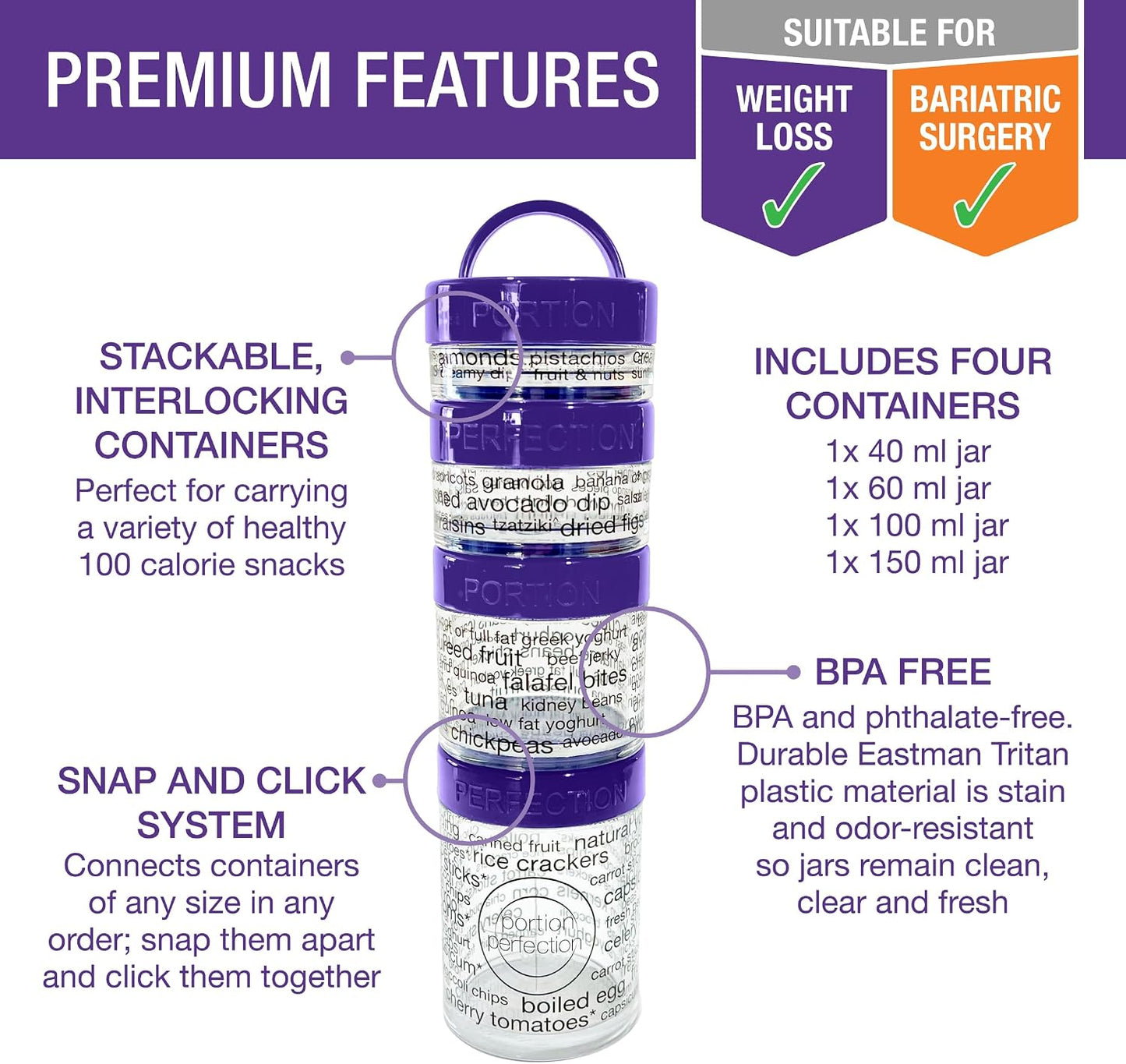 100 Cal Stackable Snack Containers for Weight Management, Food Portion Control Containers for Weight Control with Instructions for Men, Women and Bariatric Must-Haves (Purple) BST326H