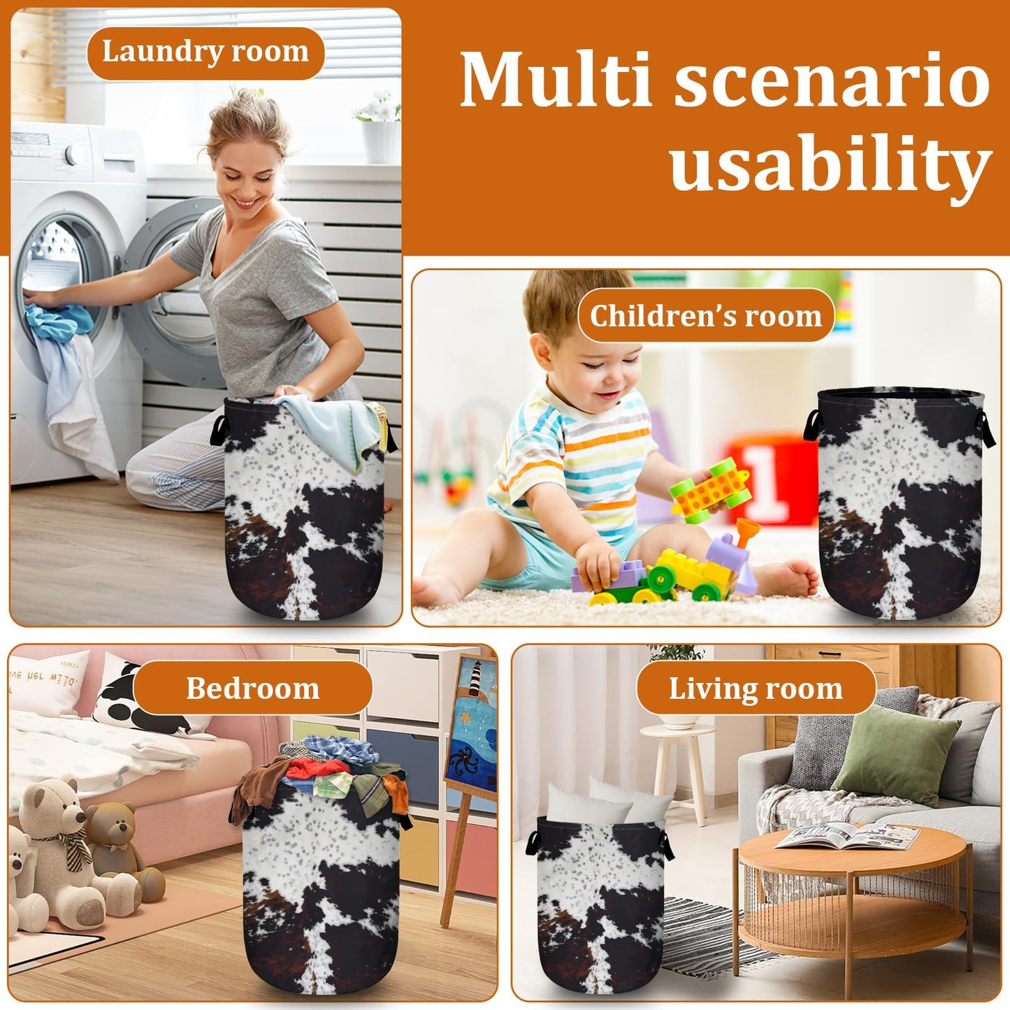 Nature Cow Print Laundry Basket with Sturdy Handles, Cow Skin Collapsible Oxford Cloth Laundry Hamper Organizer Basket for Bathroom Bedroom 15.7x20 Inch BST220