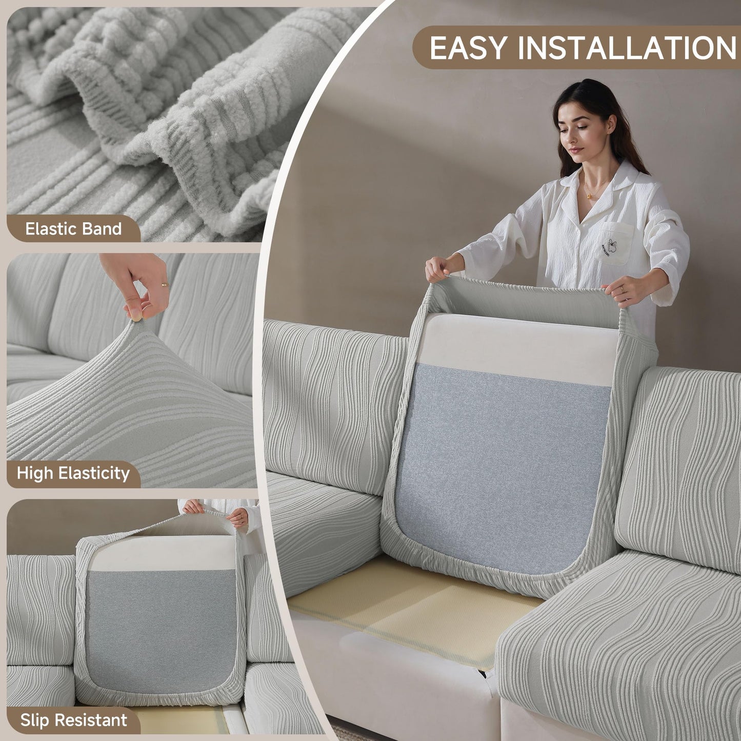 QIANMEW Couch Cushion Covers, Super Stretch Washable Sofa Slipcovers for L Shaped & Modular Seats, Pet-Friendly Furniture Protector with Stripe Design, (2 Seat Covers S, Dark Gray) BST326H