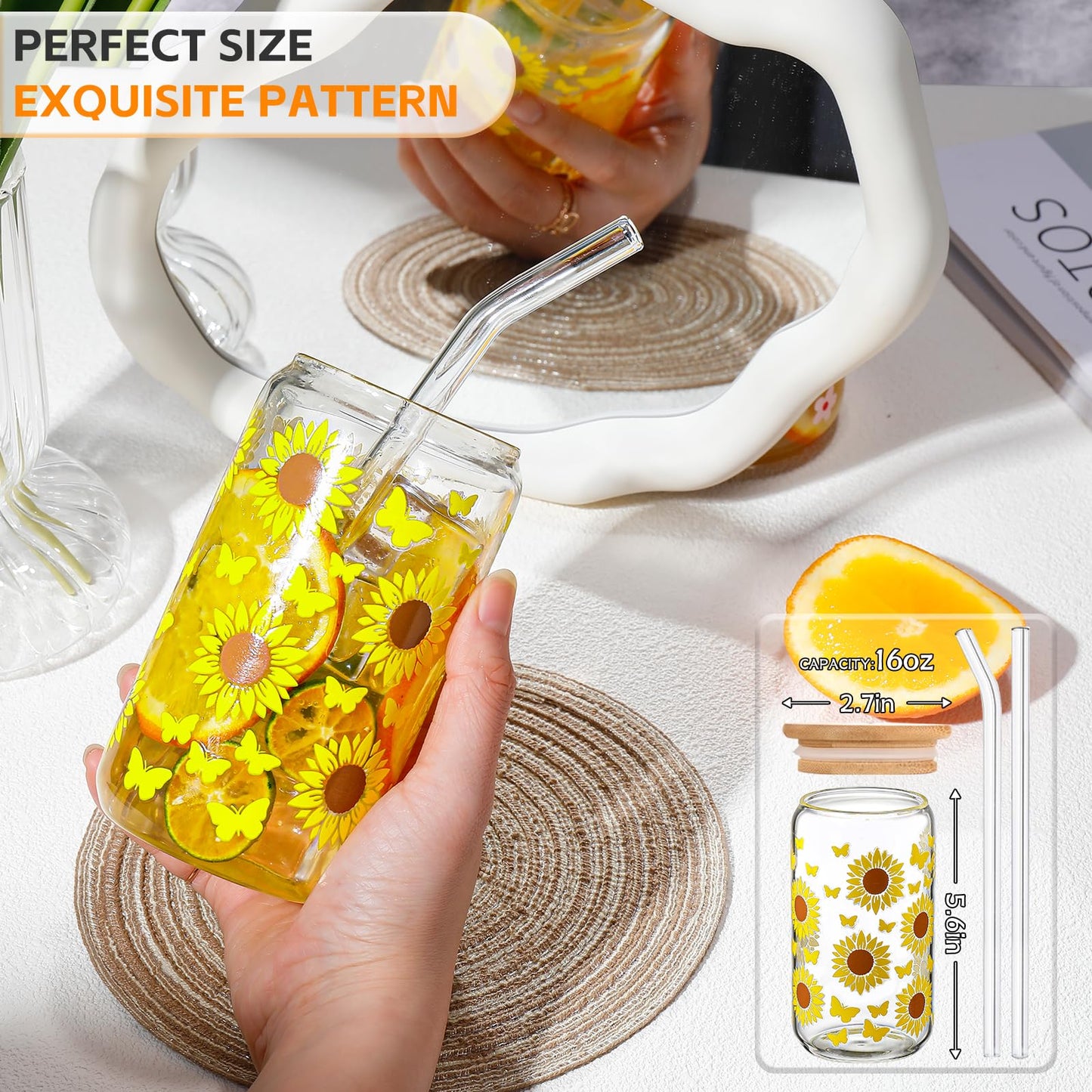 DWTS DANWEITESI Glass Cups “20oz”,Glass Cups with Lids and Straws 4 pcs-Coffee Cups,Drinking Glasses Set,Glass Tumbler with Straw and Lid Gift 2 Cleaning Brushes 600ml BST202