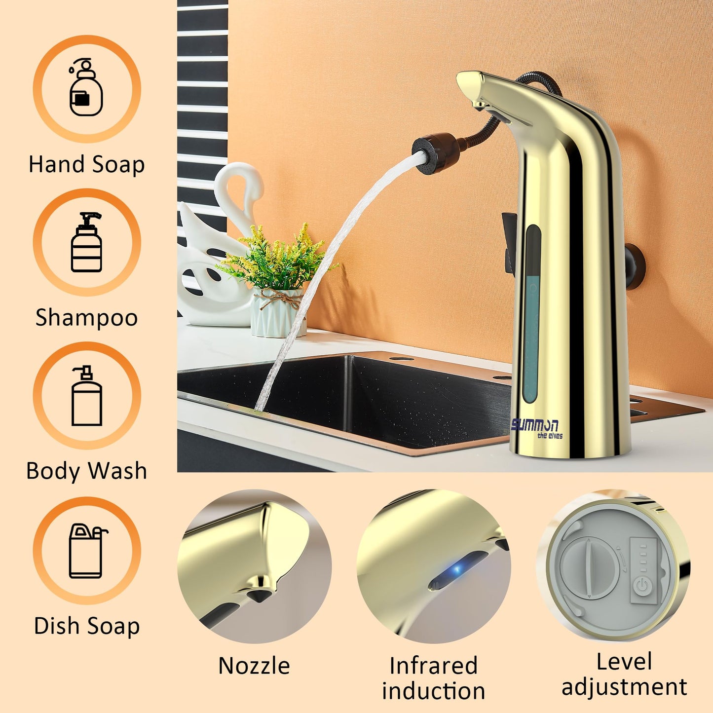 Automatic Soap Dispenser Touchless,400ML Hand & Dish Countertop Electric Liquid Dispenser with Sensor,Modern 4 Gear Adjustable Black Waterproof Battery Operated Kitchen Auto Soap Pump WN420