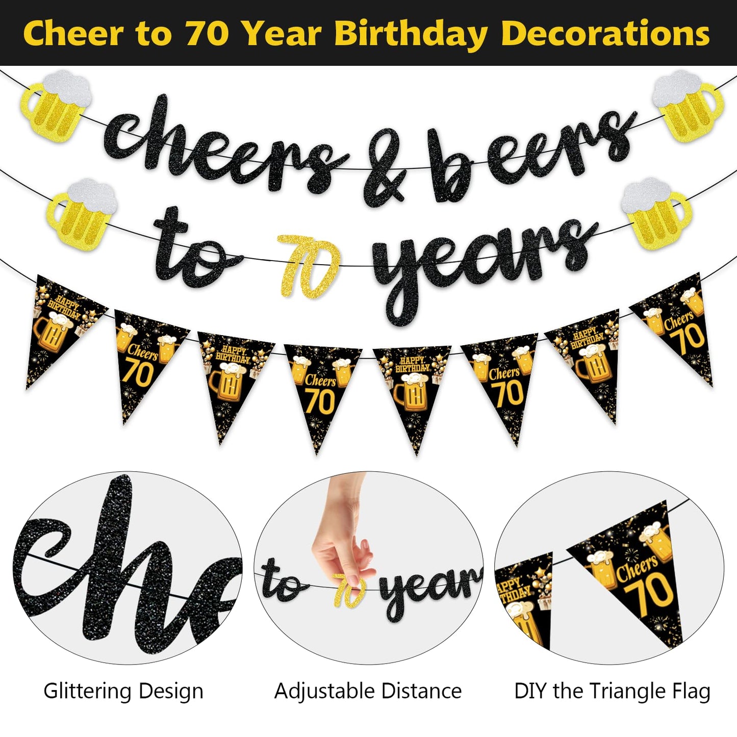 Black Gold 90th Birthday Decorations for Men Women, Glitter Pre-Strung Cheers to 90 Years Banner Hello 90 Hanging Swirls Paper Triangle Flag Banner Decorations Bday Party Supplies Kit WN420