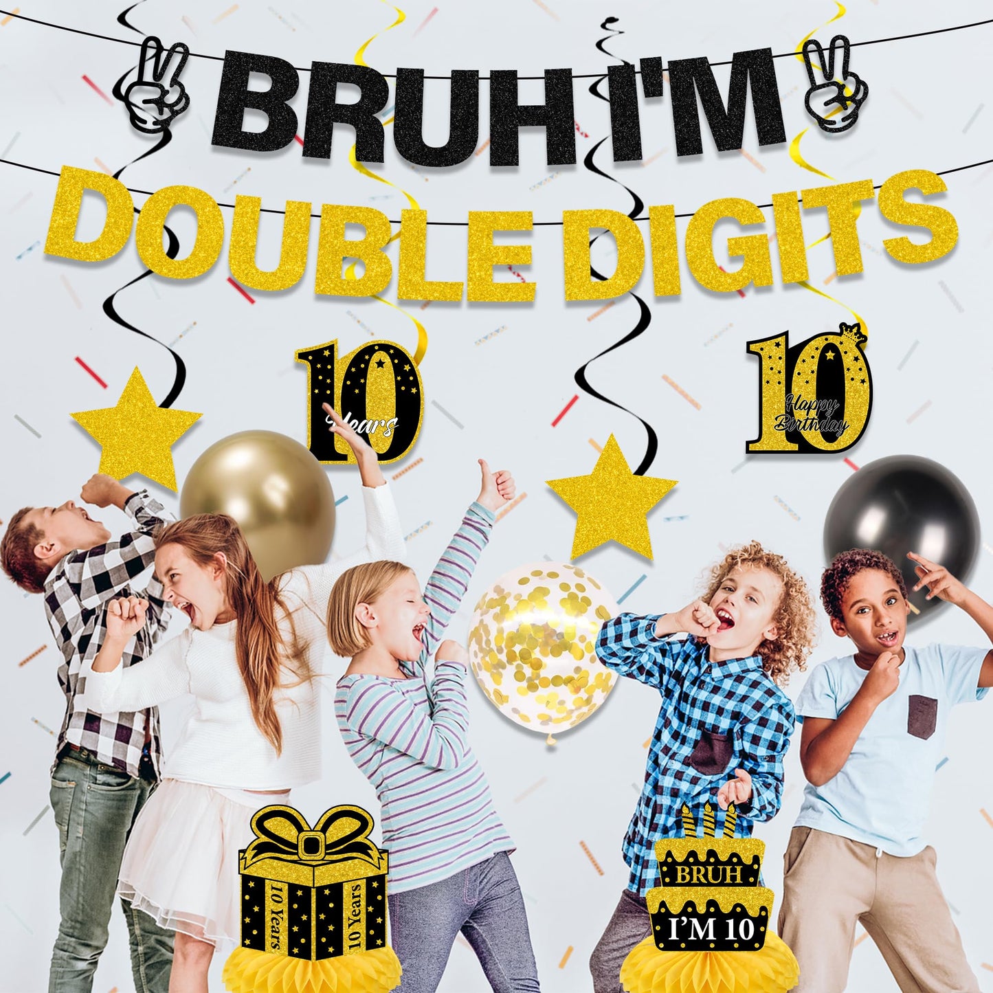 10th Birthday Decorations Banner Boys - 11 Pcs Silver Black Bruh I'M Double Digits Banners Hanging Swirls Honeycomb Table Decoration Latex Balloons For Boy 10 Year Old Bday Party Supplies BST220