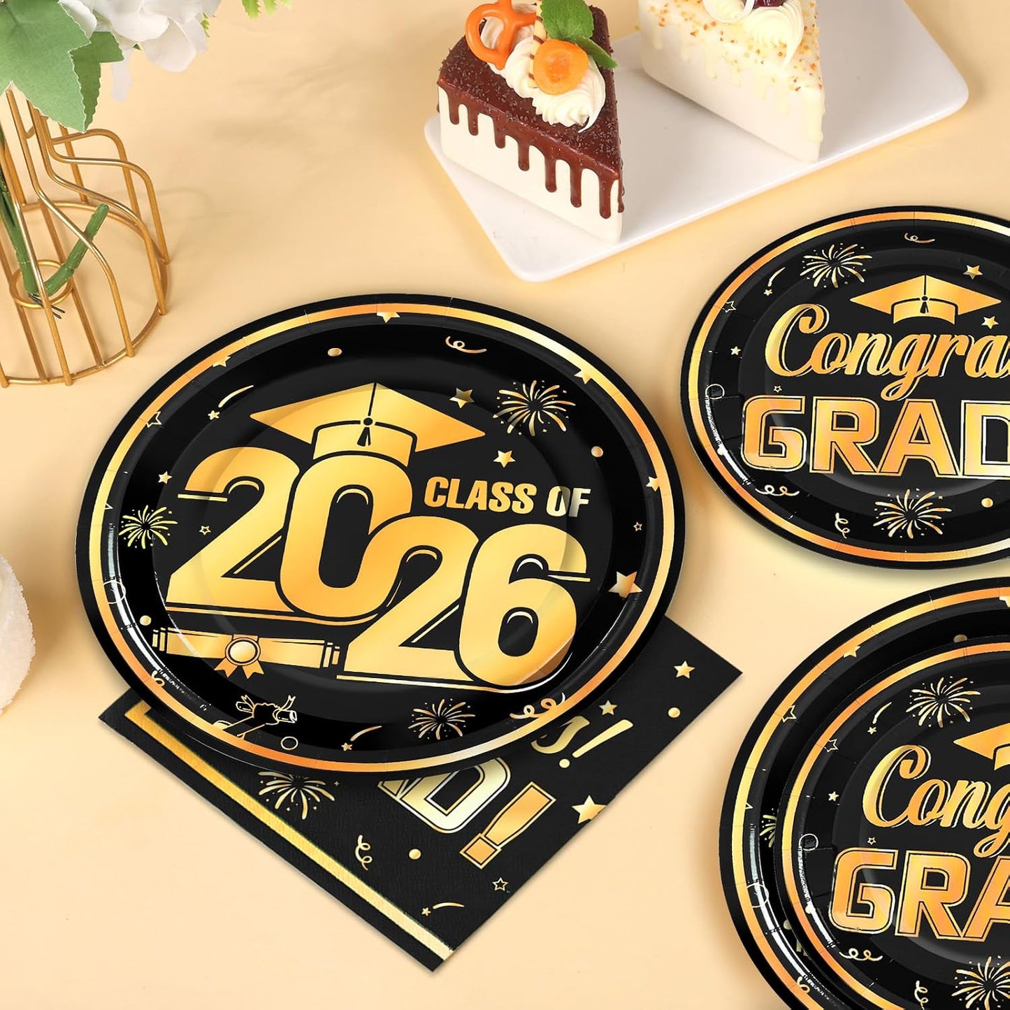 60Pcs Black Graduation Plates and Napkins 2026, Black and Gold Congrats Grad Class of 2026 Paper Plates Napkins Sets for College High School Graduation Party Decorations,Serves 20 BST326L