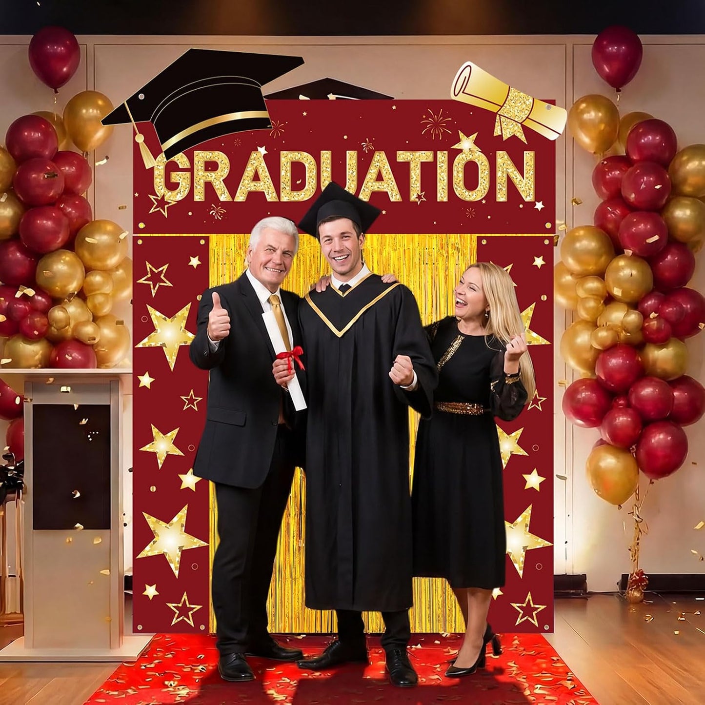 HunnmingRe 7 Pcs 2026 Graduation Party Decoration Include Class of 2026 Graduation Door Porch Banner, Gold Fringe Curtain, Red Carpet, Grad Photo Backdrop for College School(Red) BST202