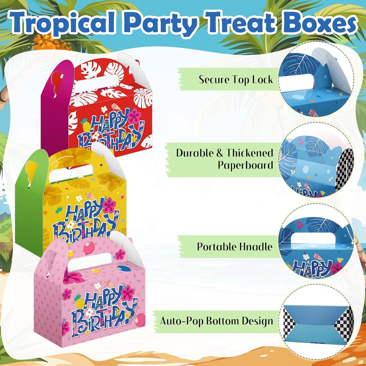 Wonderjune 24 Pack Hawaiian Tropical Treat Boxes 6 Cartoon Luau Styles Happy Birthday Party Favor Boxes with Handles Summer Birthday Beach Hawaii Themed Candy Gift Wrapping Giveaways Supplies BST202