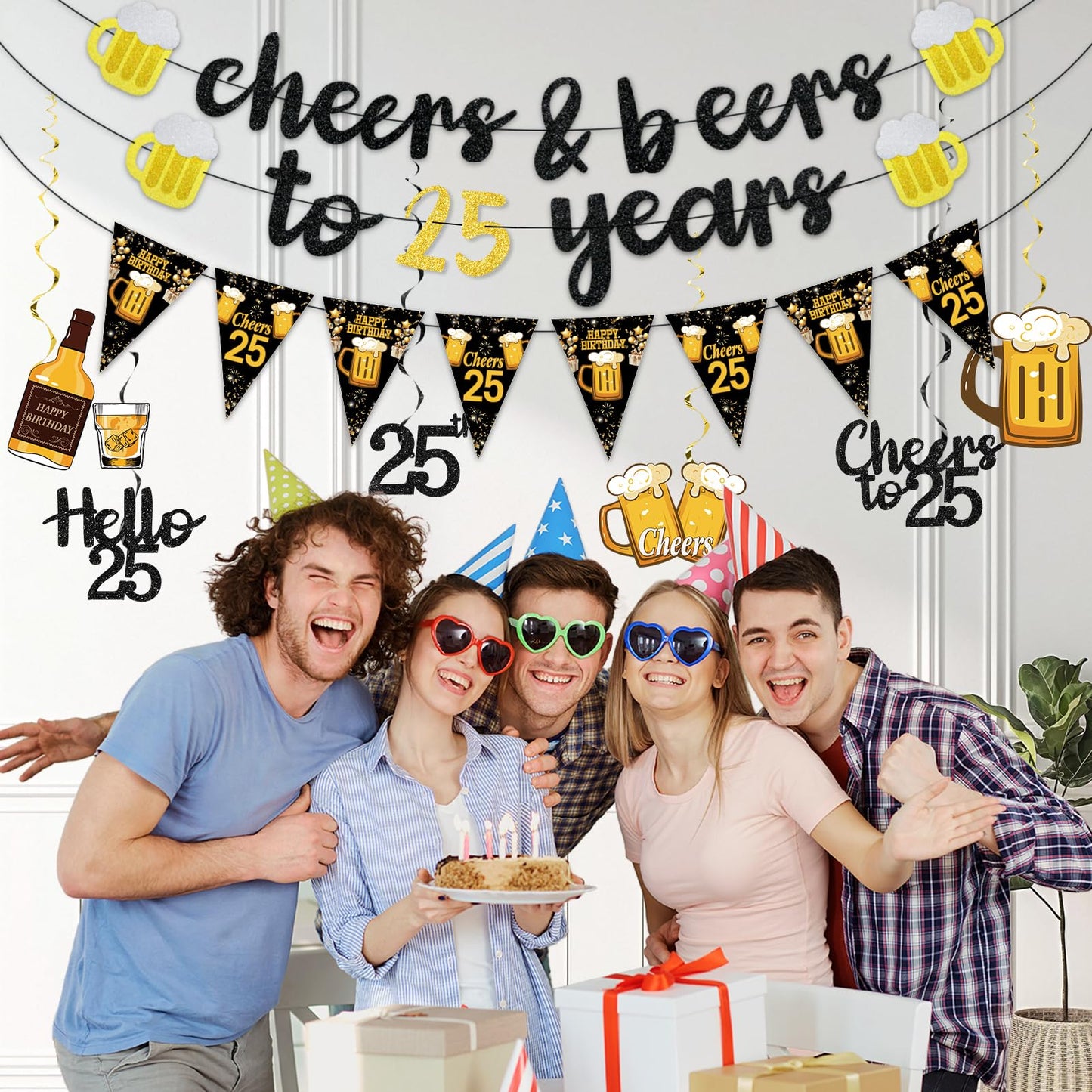 Black Gold 90th Birthday Decorations for Men Women, Glitter Pre-Strung Cheers to 90 Years Banner Hello 90 Hanging Swirls Paper Triangle Flag Banner Decorations Bday Party Supplies Kit WN420