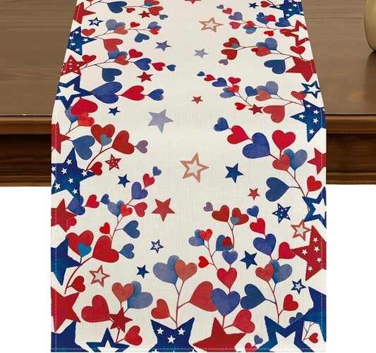 Patriotic Blue Red Stars 4th of July Table Runner 13x72 Inch Seasonal Kitchen Dining Table Decor for Indoor Outdoor Farmhouse Home Party Decoration ZQ119 BST326H