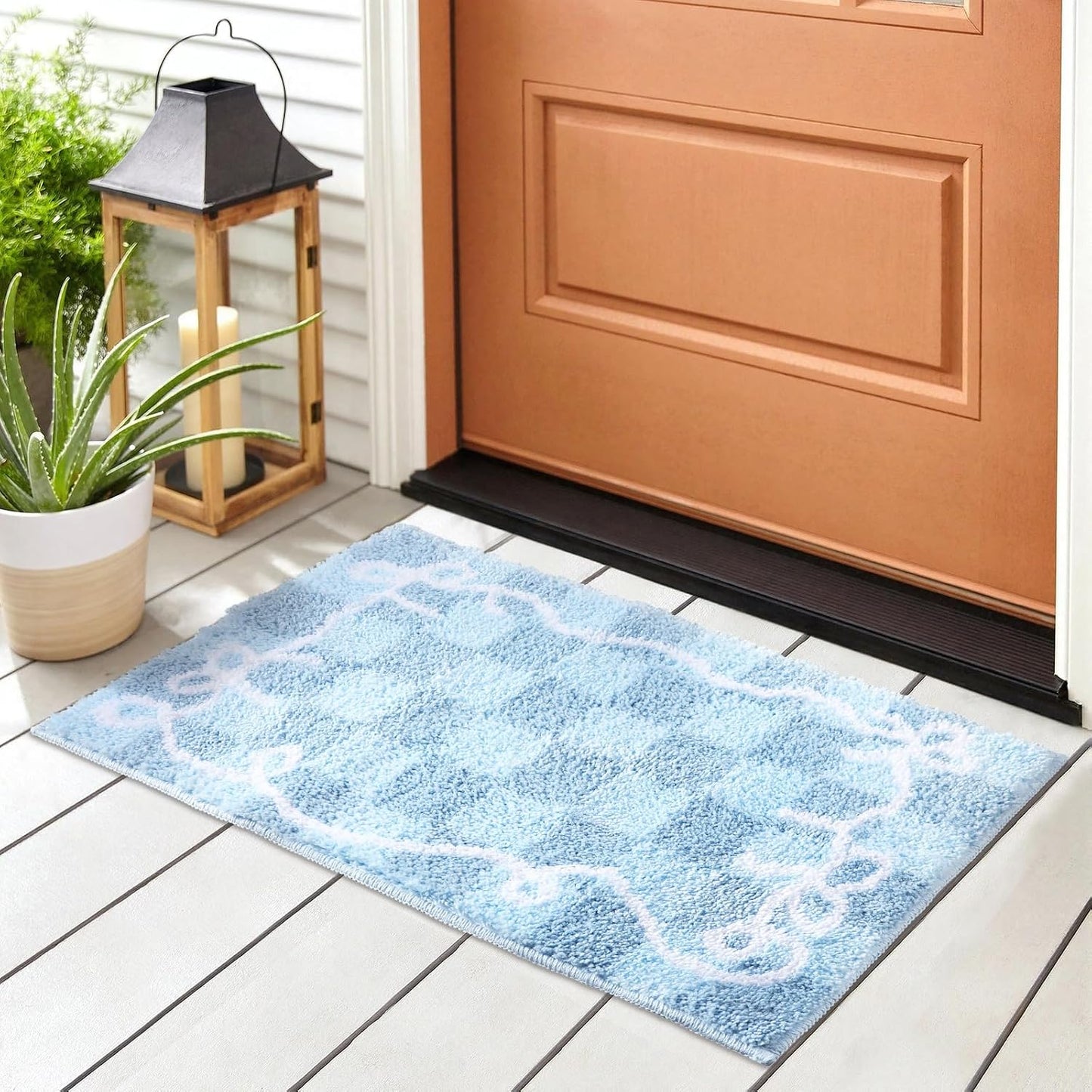 Breling Blue Checkered Bathroom Mat with Bows 16" x 26" Non Slip Blue Plaid Bath Mat Fluffy Microfiber Absorbent Bath Rug for Bathroom Floor Shower Kitchen Bedroom Home Decor BST220