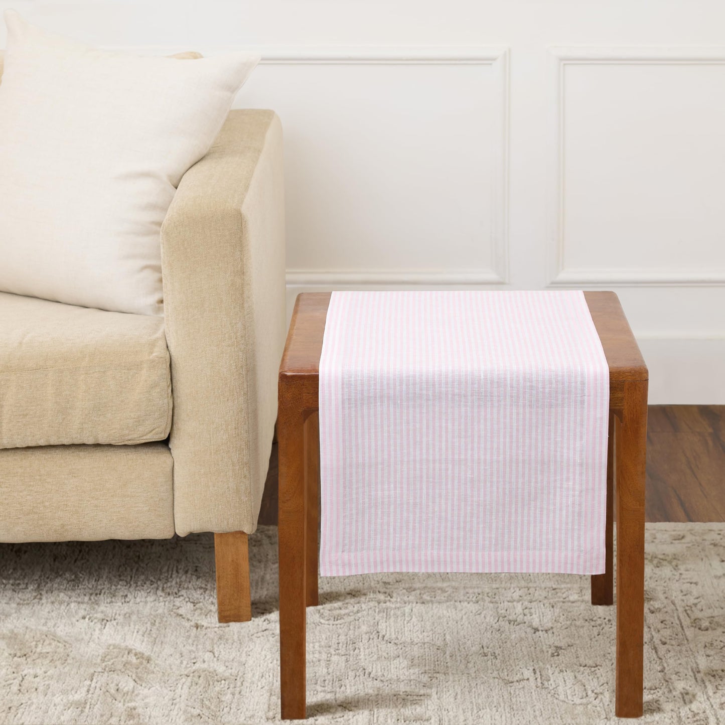 Solino Home 100% Pure Linen Table Runner Stripe Striped, Julia 14 x 72 in | Table Runners for dining, hallway and console tables; woven stripe, mitered corners; Muted Pastel Stripe; OEKO-TEX Certified BST326SOLH