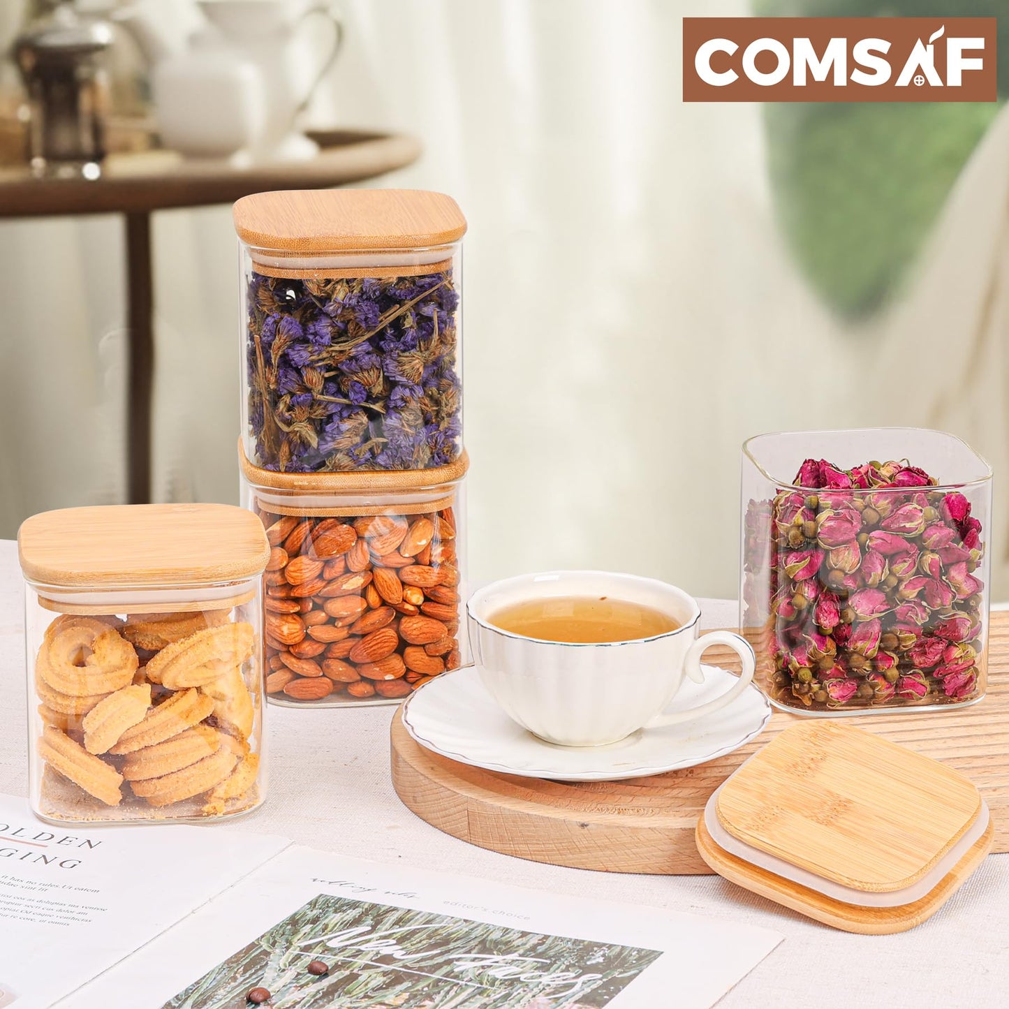 ComSaf 0.6 Qt Glass Food Storage Jars Set of 6, Clear Storage Containers with Airtight Lids, Pantry Organization Jar, Spice Jar, Blooming Tea, Coffee and Sugar Container, Canister Set for Kitchen BST220