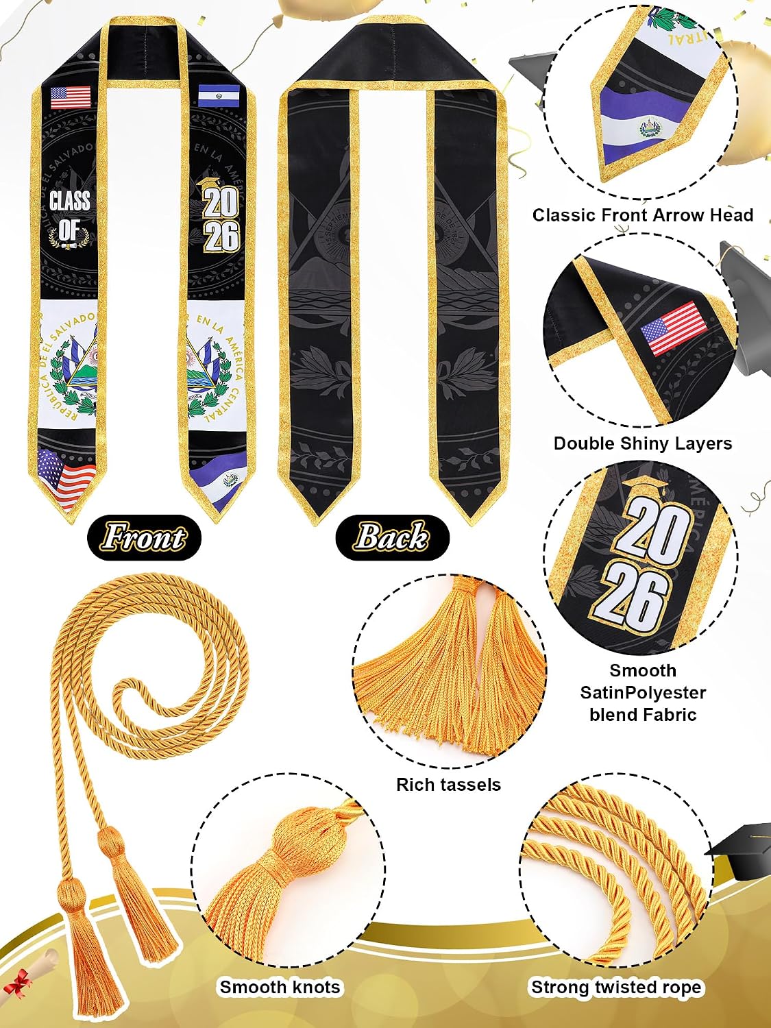 Shihanee 2 Pcs National Flag Graduation Stole with Cap Tassel Class of 2026 Mixed Country 72" USA and El Salvador Flag Graduation Sash Honor WN420