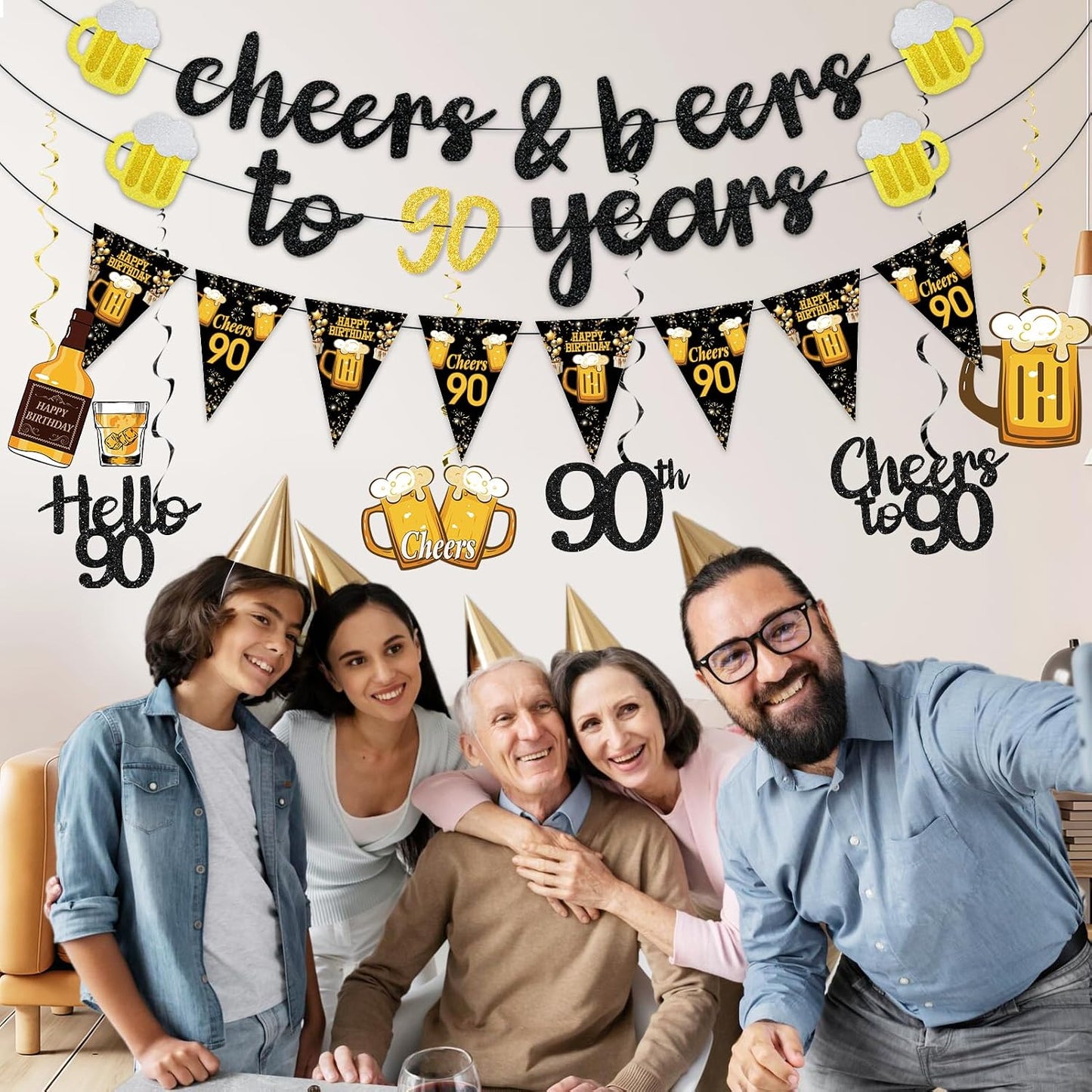 Black Gold 90th Birthday Decorations for Men Women, Glitter Pre-Strung Cheers to 90 Years Banner Hello 90 Hanging Swirls Paper Triangle Flag Banner Decorations Bday Party Supplies Kit WN420