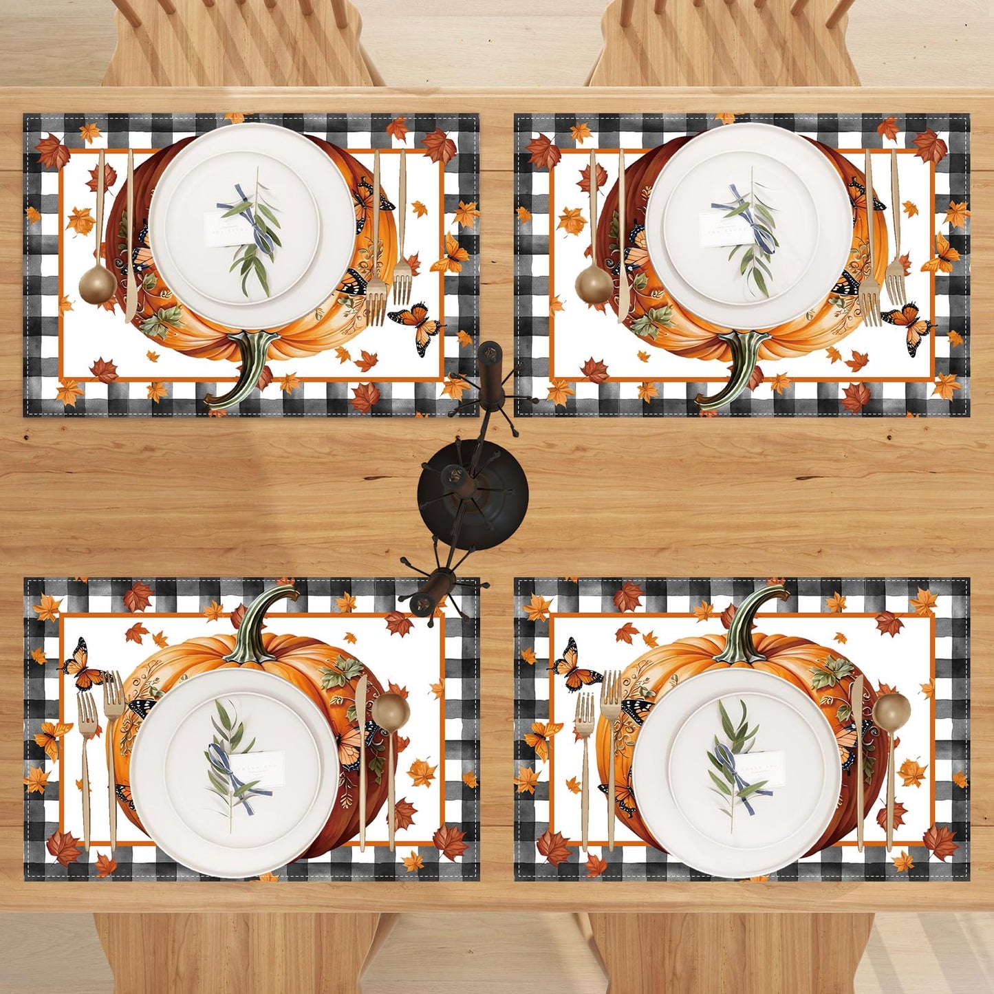 Linen Fall Placemats Set of 4 Fall Table Mats Farmhouse Pumpkin Butterfly Decor for Home Autumn Thanksgiving Home Kitchen Dining Room Table Decorations BST220