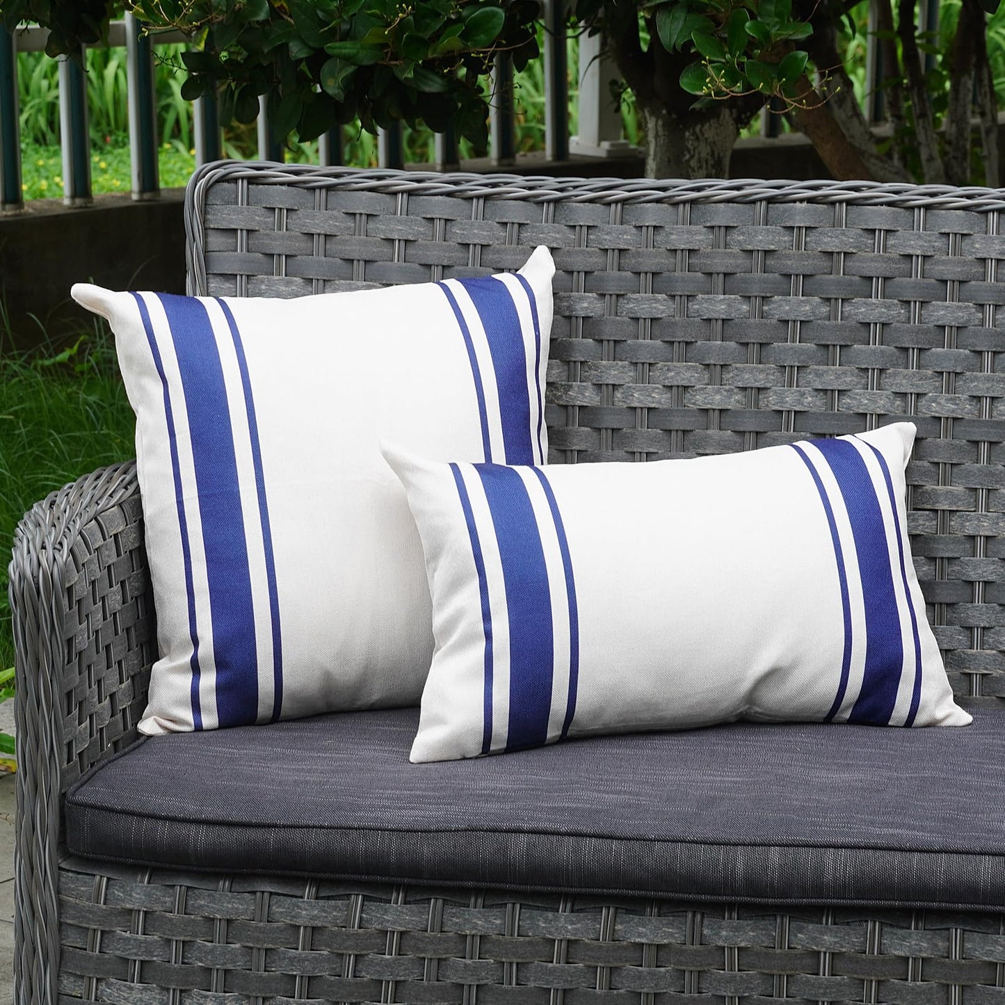 ONWAY Outdoor Pillow Covers Waterproof 18x18 Set of 2 Decorative Linen Throw Pillow Cover Beige and Black Striped Outdoor Pillows for Patio Furniture BST220