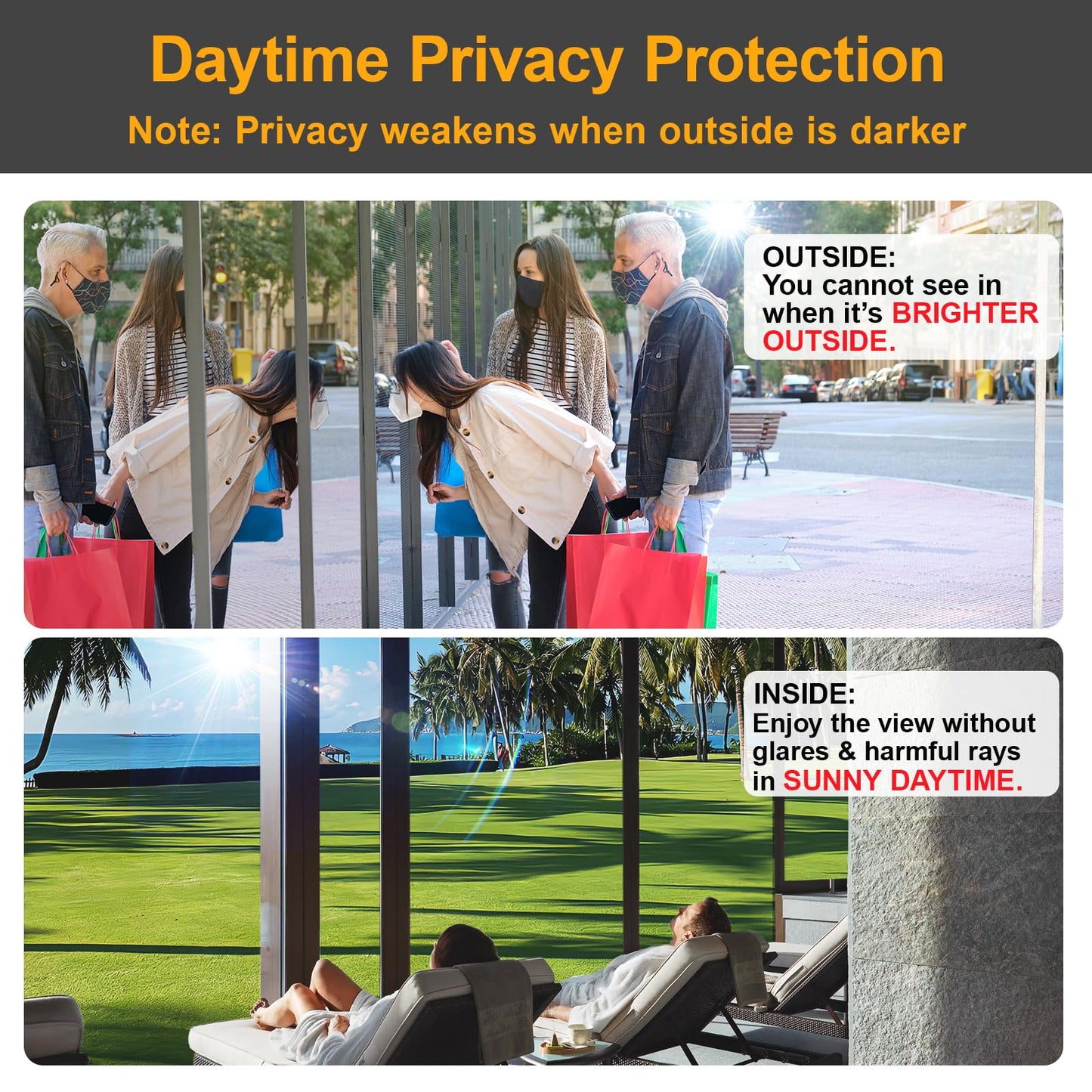 Window Privacy Film One Way Daytime Privacy Static Cling Sun Blocking Anti UV Reflective Window Tint for Home and Office, Tinted Black, 17.5 inch X 78.7 inch WN420