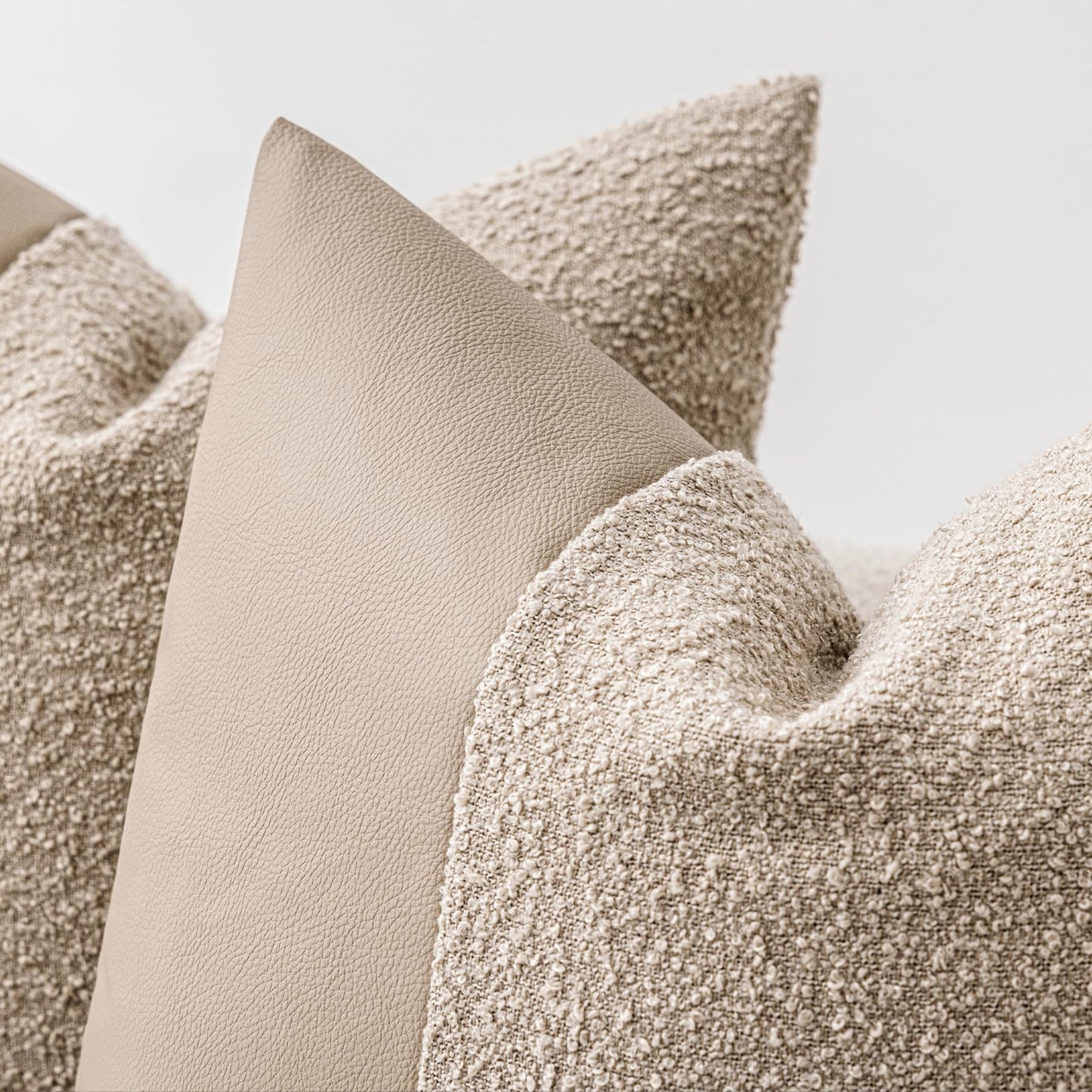 Set of 2 Fluffy Boucle Pillow Covers 18"x18", Oatmeal Textured Throw Pillow Covers with Faux Leather Accents, Boho Decorative Pillow Cases for Couch, Bed, or Farmhouse Home Decor BST220