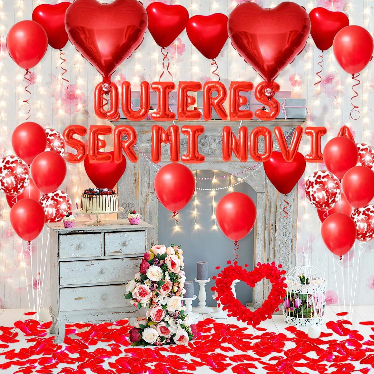 QUIERES SER MI NOVIA - 16inch Quieres Ser Mi Novia Balloons/Will You Be My Girlfriend - 1000pcs Artificial Rose Petals Red Heart Balloons for Love Confession Valentines Day Party Decorations BST326H