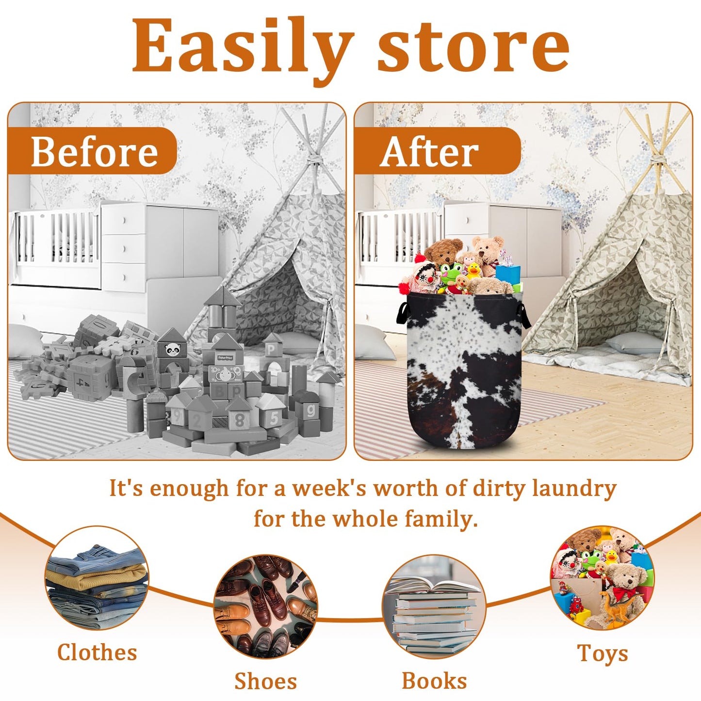 Nature Cow Print Laundry Basket with Sturdy Handles, Cow Skin Collapsible Oxford Cloth Laundry Hamper Organizer Basket for Bathroom Bedroom 15.7x20 Inch BST220