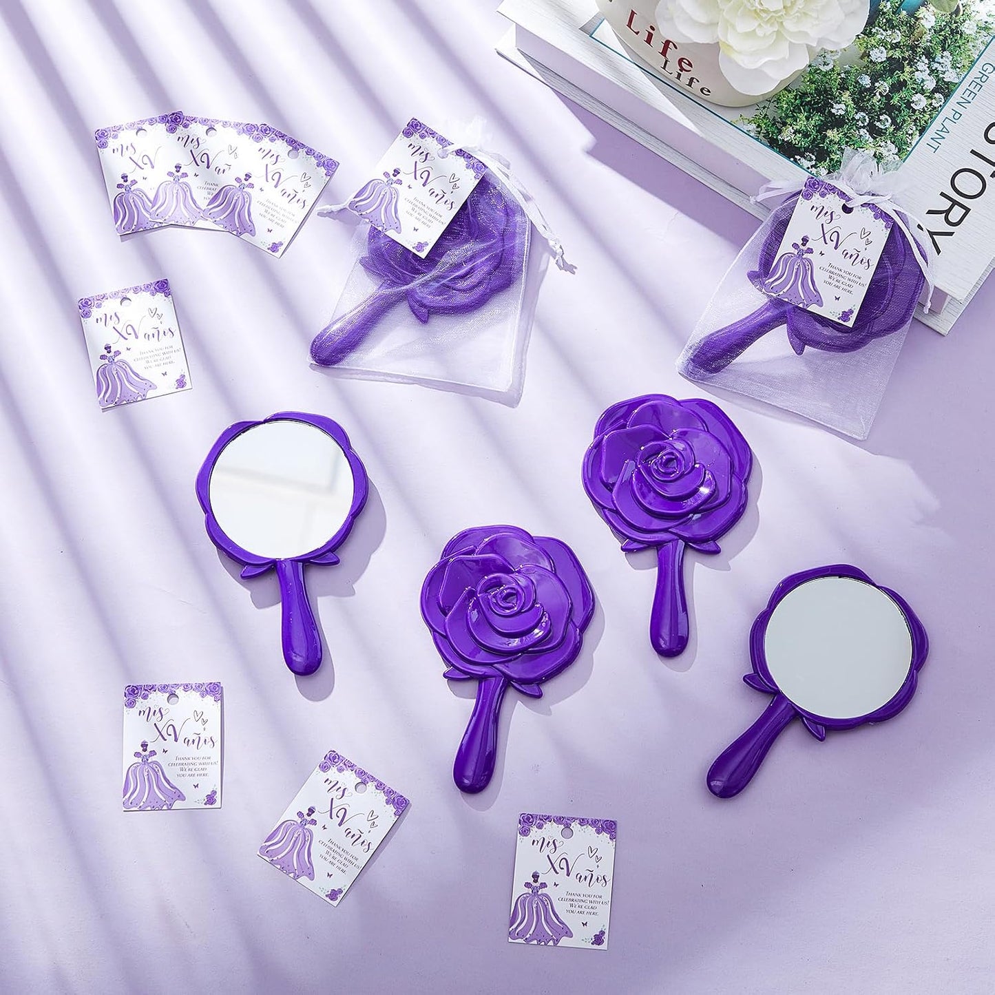Sintuff 24 Set Rose Compact Mirrors Bulk Quinceanera Wedding Party Favors for Guests Rose Design Compact Mirrors Thank You Cards with White Organza Bags for 15 Birthday Wedding Party Favors(Purple) BST202