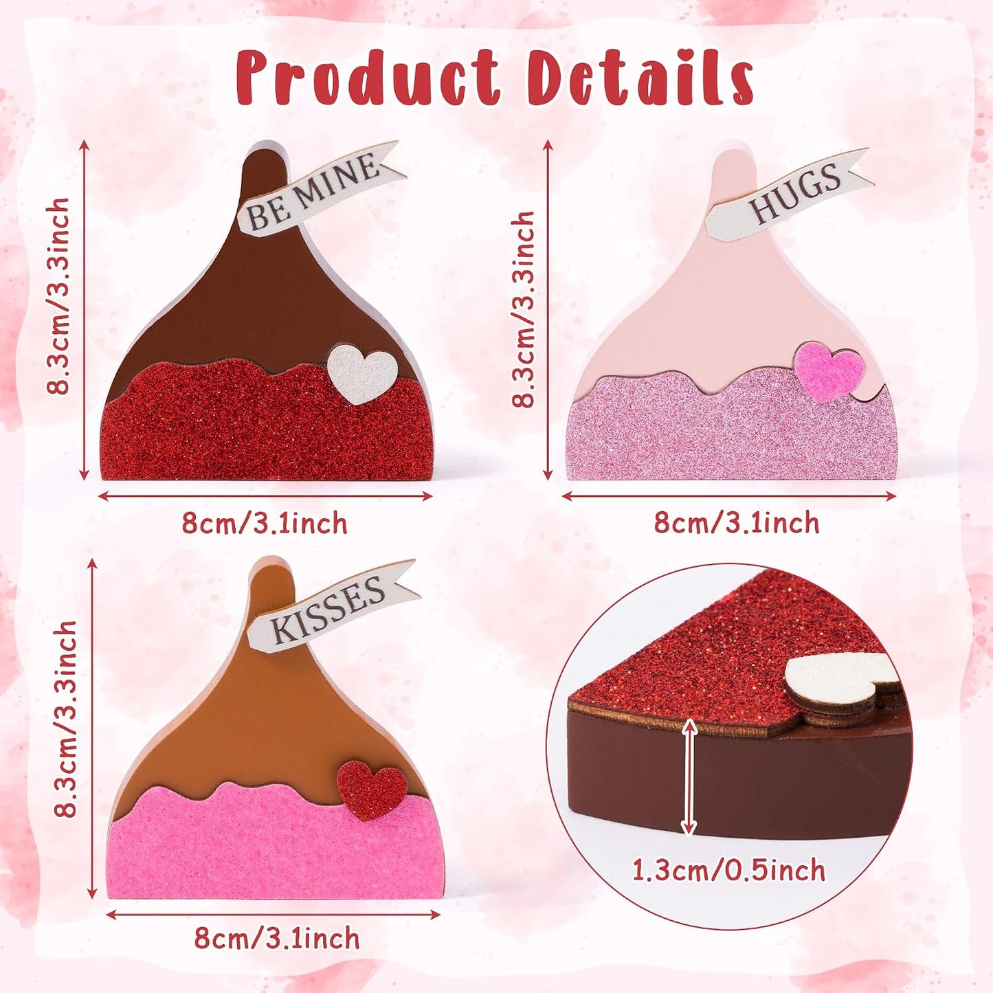 WATINC Valentine Tiered Tray Signs - 3PCS Valentine's Day Kisses Wooden Table Centerpiece Decorations, Sweet Glitter Candy Chocolate Wood Desk Decor, Romantic Tabletop Wedding Farmhouse Party Gifts BST202