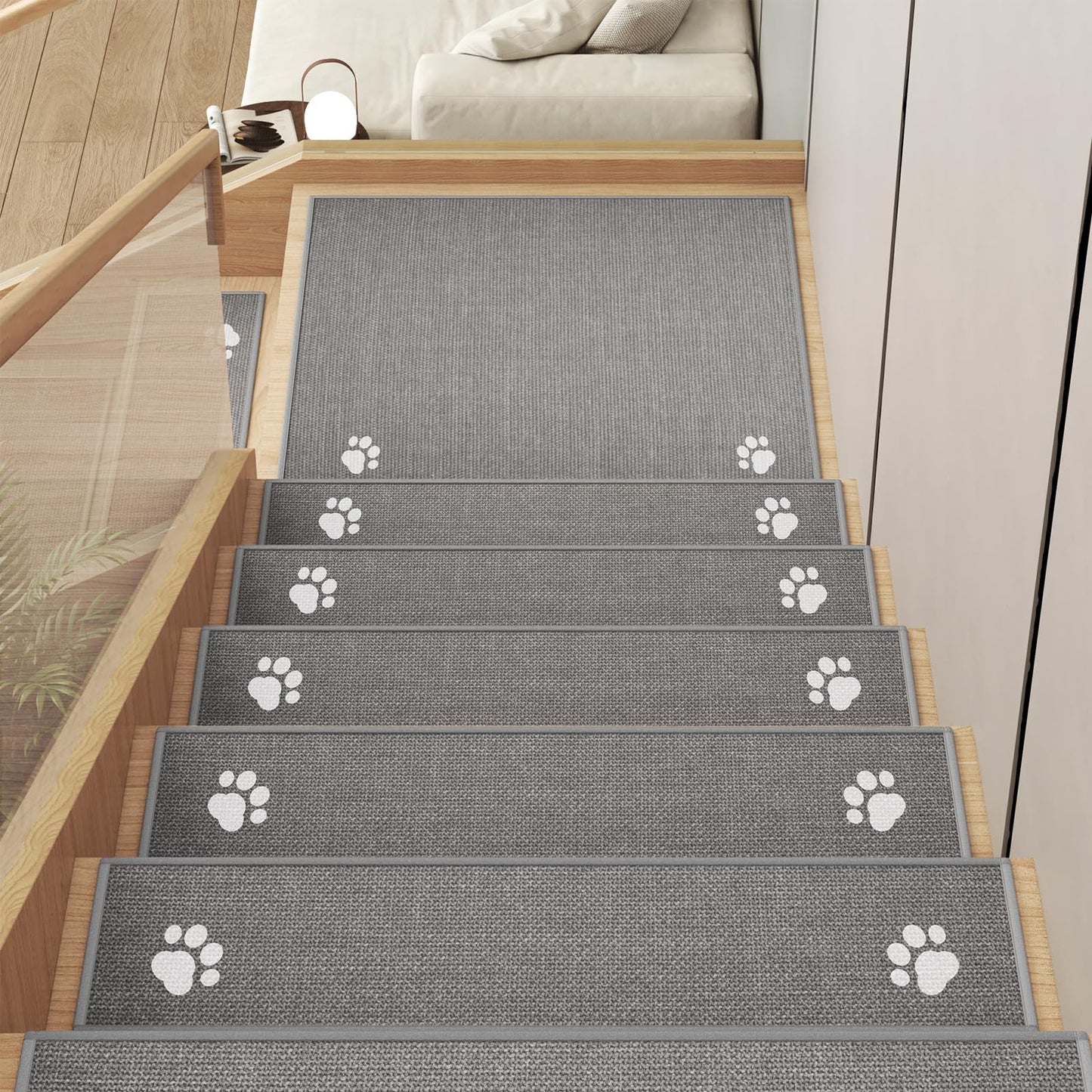 YDKGL Stair Treads Non Slip Indoor 4PCS, Rubber Backing Stair Runner Rugs for Wooden Steps, Residue Free Stair Carpet Treads for Kids Elders and Pets, Machine Washable Stair Mats, Gray, 8" x 30" WN420
