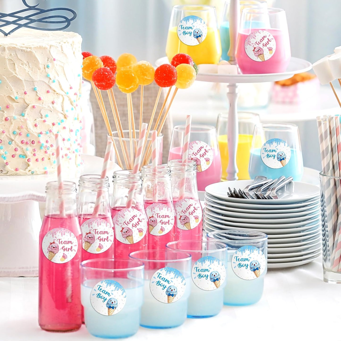 Ice Cream Gender Reveal Stickers - 500Pcs Labels for Baby Shower | 2 Inch, Team Boys or Girls, Pink or Blue Roll Decals, What's the Scoop Gender Reveal Party Decor Voting Game Idea Goodie Bags BST202