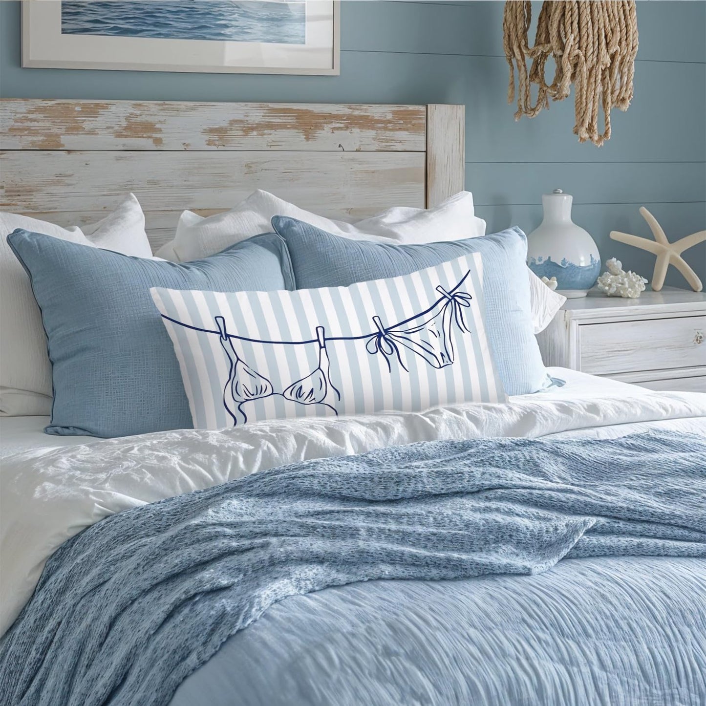 Coastal Beach Girly Room Decor 12x20 Pillow Cover, Preppy Beach Navy Blue Bikini Striped Decorative Lumbar Pillow Covers for Girls Bedroom College Dorm Sofa Couch BST326L