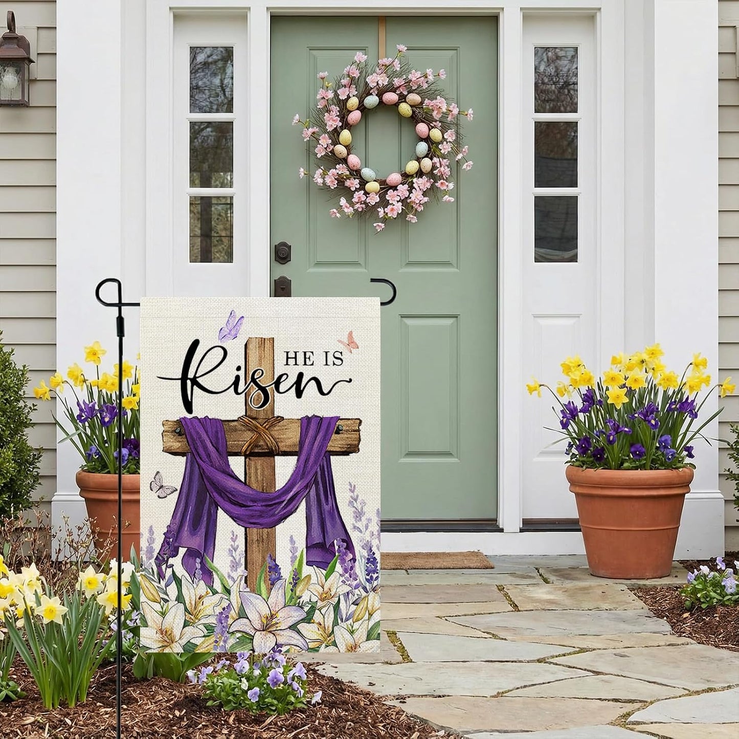 CROWNED BEAUTY Easter Garden Flag He is Risen 12x18 Inch Double Sided Holiday Decoration for Outdoor Lawn Yard WN420