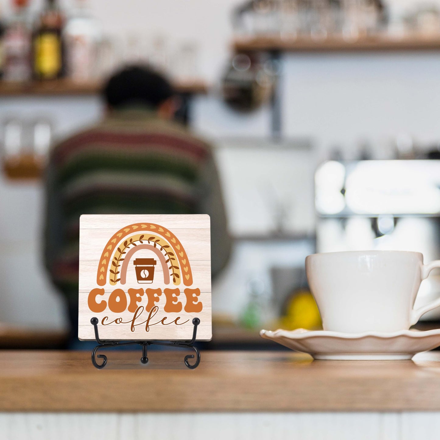 Coffee Bar Decor, Farmhouse Kitchen Table Decor, Coffee Station Accessories, Wooden Decorative Sign with Iron Stand for Table Desk Shelf Display-E21 BST220