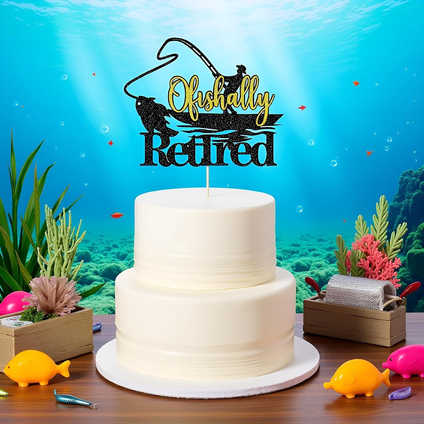 Sleyberoy ‌Officially Retired Cake Topper - Fishing Cake Topper, Gone Fishing Fisherman Themed Retirement Party Supplies WN420