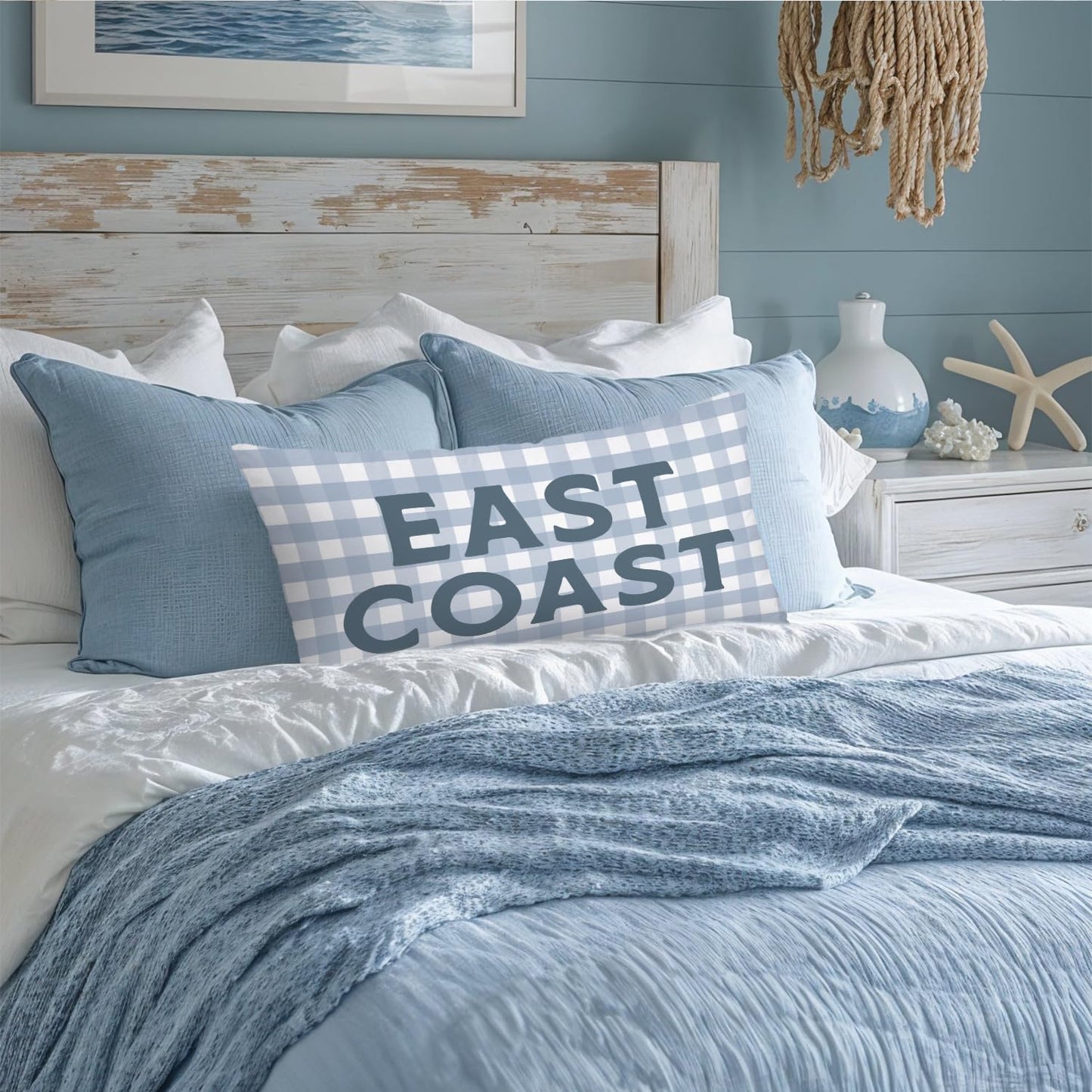 Coastal Beach Girly Room Decor 12x20 Pillow Cover, Preppy Beach Navy Blue Bikini Striped Decorative Lumbar Pillow Covers for Girls Bedroom College Dorm Sofa Couch BST326L