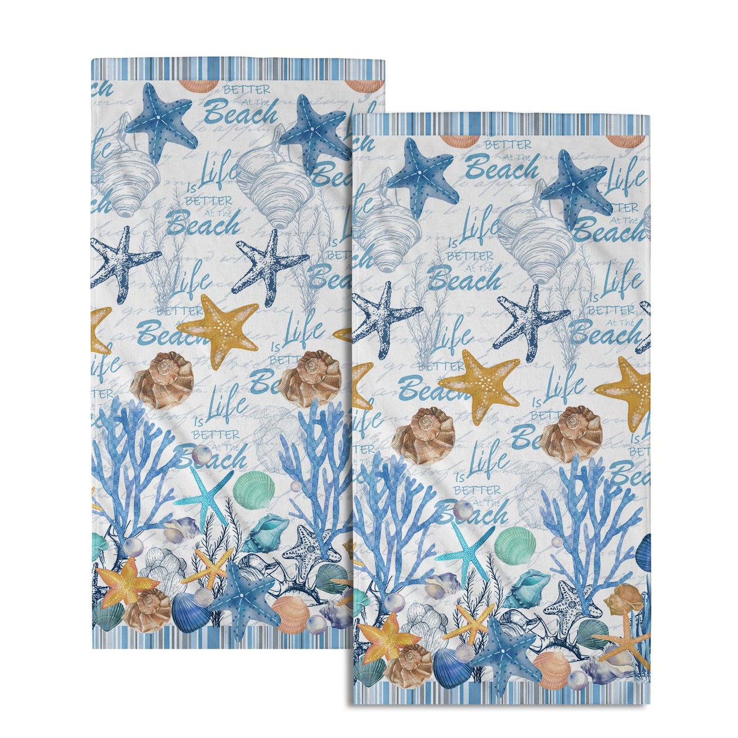 Imiss Coral Starfish Hand Towels for Bathroom，Nautical Coastal Seashell Guest Towels 14.4 x 28.3 Inch Set of 2 Soft Small Bath Towel Kitchen Dish Towels for Home Hotel Gym Spa BST220