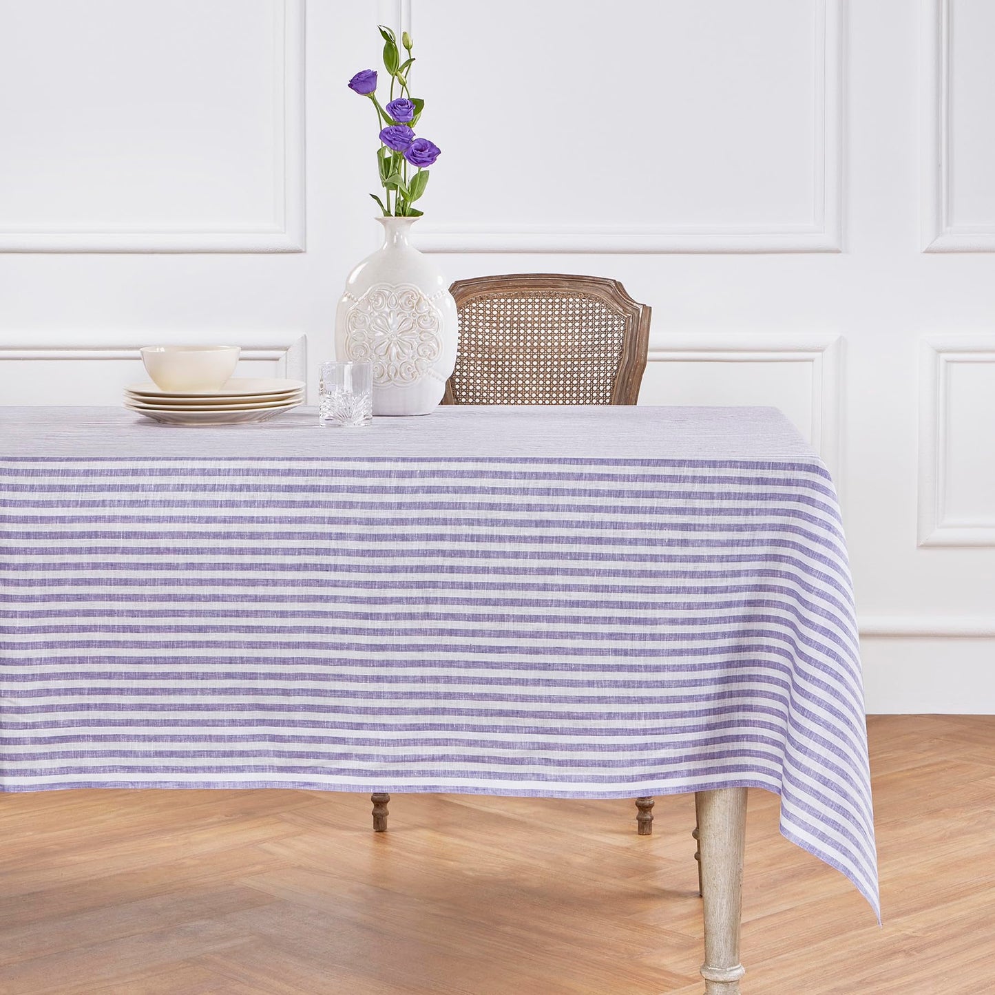 Solino Home 100% Linen Table Cloth, Throw, 52 x 52 in, Coral, Amalfi Stripe | Striped Linen Tablecloth a neat topper for bistro, card and side tables | Coral and White | Pure Linen | OEKO-TEX Certified BST326SOLH