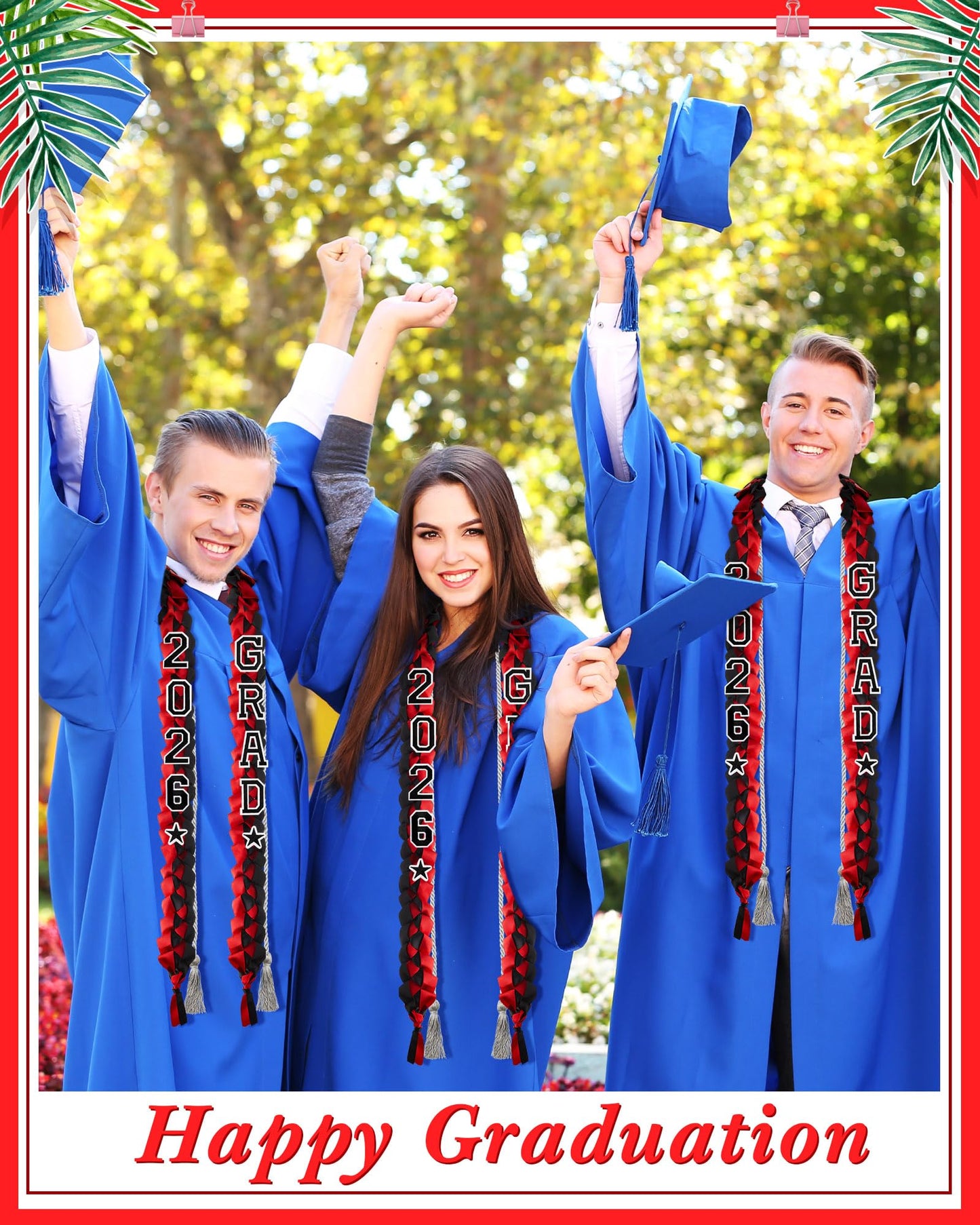 Cindeer 2026 Graduation Ribbon Lei Set Handmade Braided Necklace Honor Cord with Tassel 2026 Grad Embroidery Patches for High School College Graduation Party Supplies(Black, Red) BST220