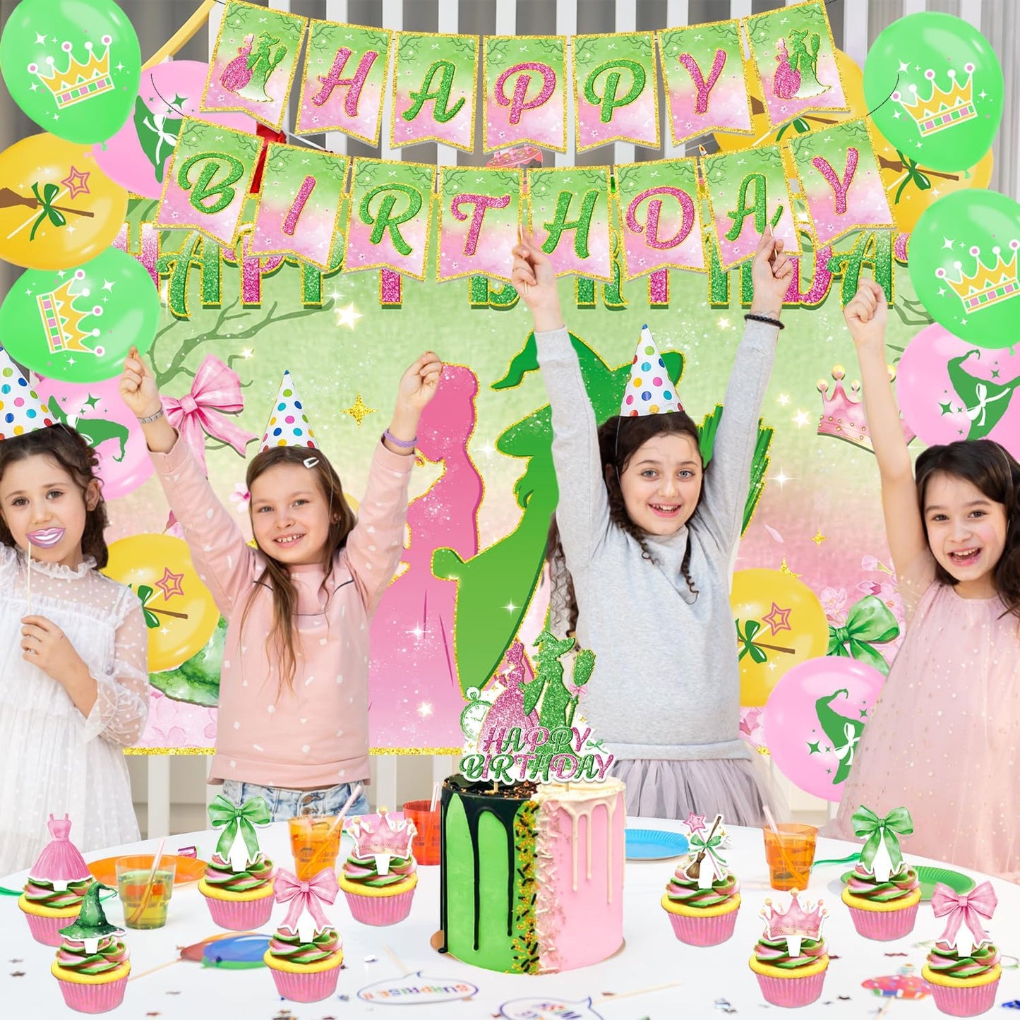42Pcs Halloween Witch Birthday Party Decorations Pink and Green Backdrop Witch Princess Cake Decorations Toppers Cupcake Toppers Balloons for Halloween Witch Party Supplies BST326H