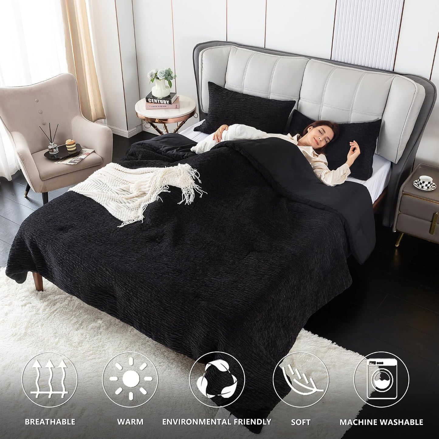 COTTEBED Reversible Chenille Cotton Twin Comforter Set, Luxury Textured Stripe Soft Modern Bedding Down Comforter for Kid Children Teen Boy College Dorm, Lightweight All Season (Black,Twin/Twin XL) BST202