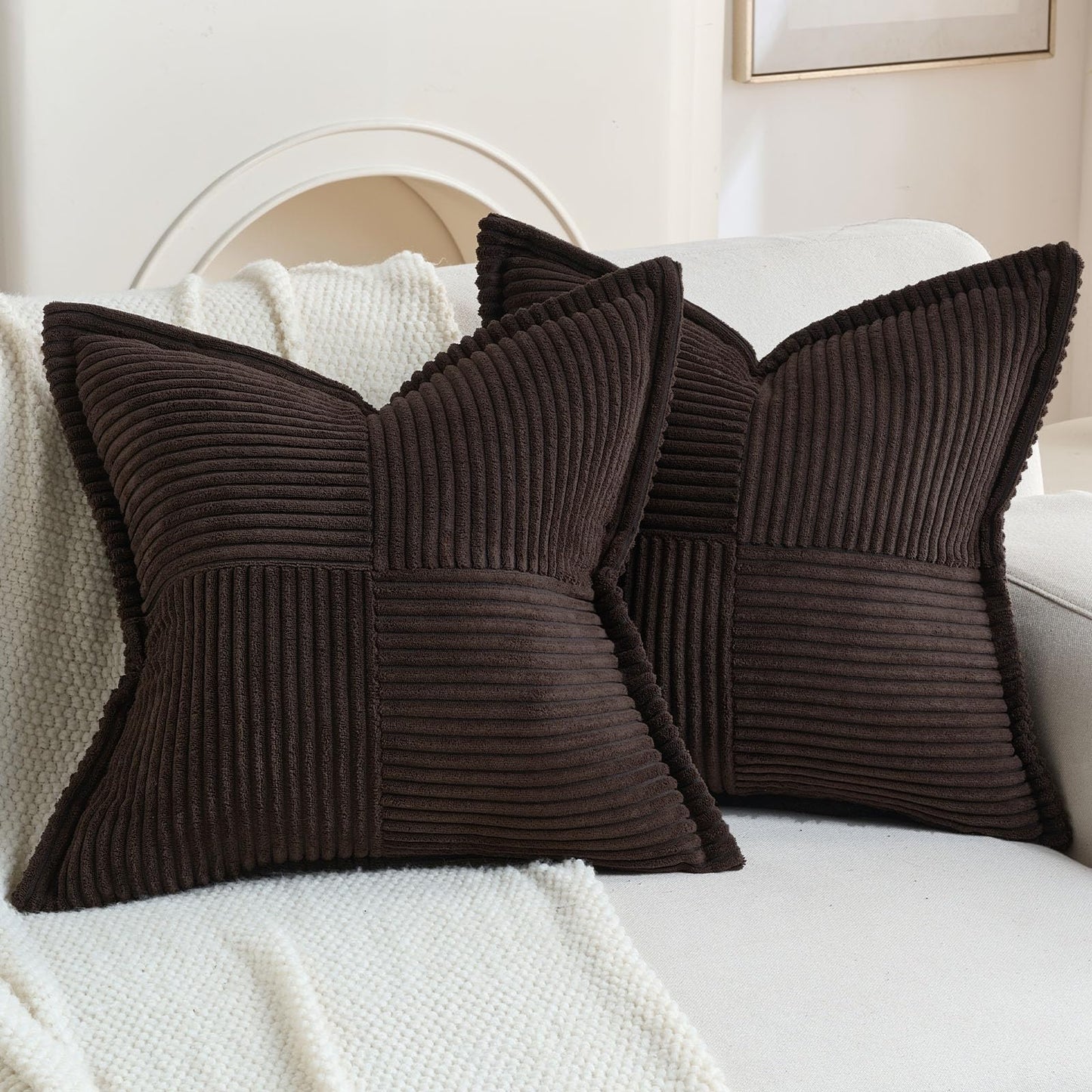 HAUSSY Pack of 2 Corduroy Throw Pillow Covers26x26 Inch, Rust | Decorative Striped Soft Boho Farmhouse Pillowcases, Machine Washable, Couch Bed Sofa Living Room Home Decor, No Insert BST202