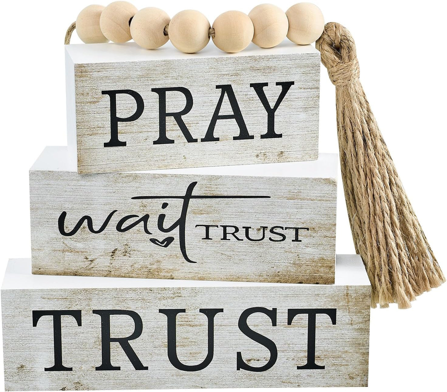 4 Pcs Pray Wait Trust Wooden Blocks Set, Christian Tabletop Decor with Bead Garland, Bible Verse Desk Centerpiece, Farmhouse Religious Wood Signs for Home Shelf, Office, Prayer Space BST220