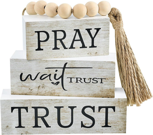 4 Pcs Pray Wait Trust Wooden Blocks Set, Christian Tabletop Decor with Bead Garland, Bible Verse Desk Centerpiece, Farmhouse Religious Wood Signs for Home Shelf, Office, Prayer Space BST220