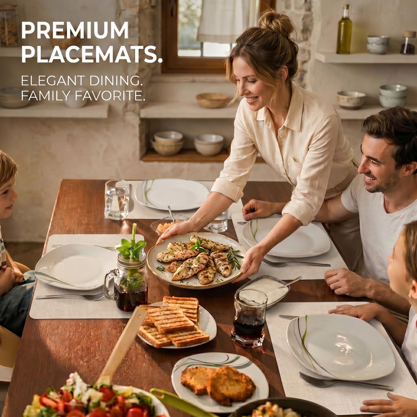 Faux Leather Placemats Set of 6, Wipeable Waterproof Stain Resistant Table Mats, Heat Resistant Thick Placemats with Hand-Painted Edges for Kitchen Dining, Imitative Linen Texture, Various Shapes BST326H