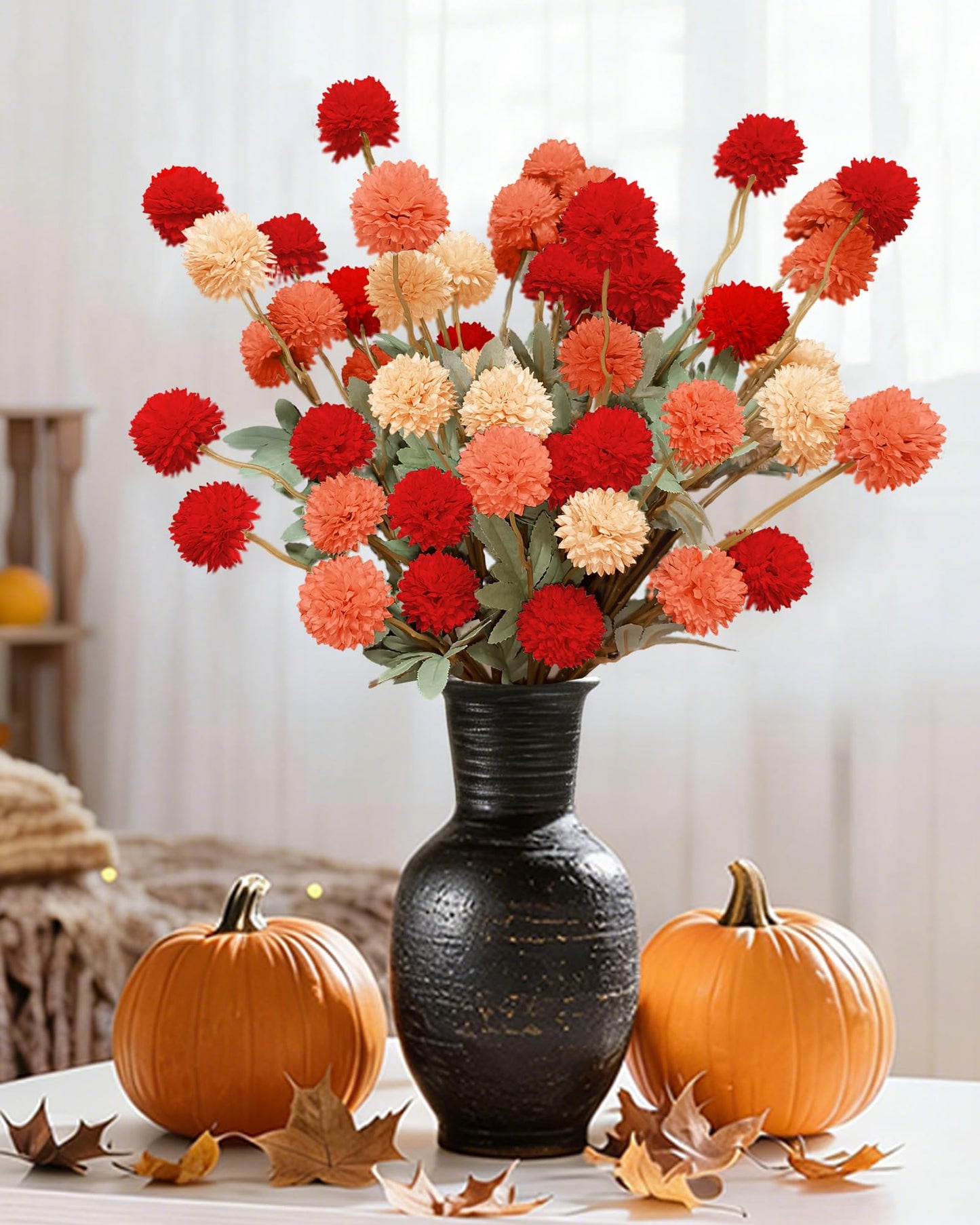 Beige Faux Silk Mums Artificial Flowers, 8Pcs Fall Fake Kiku Small Mini Chrysanthemum Pom Pom Stems for DIY Bouquets Centerpieces Vase Autumn Home Decorations Floral Arrangement BST202