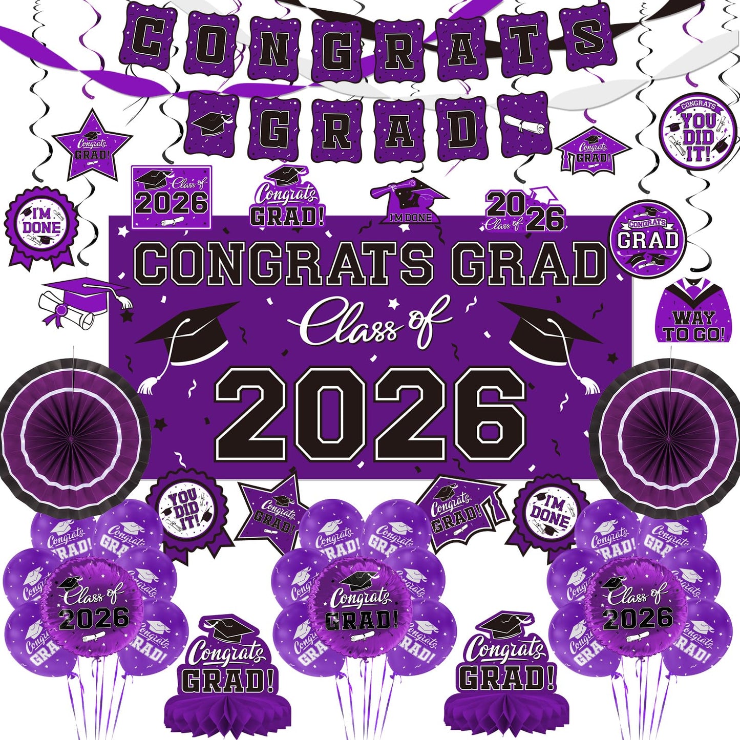 Black and Gold Themed 2026 Graduation Decorations Set - Congrats Grad Banner, Class of 2026 Backdrop, Balloons & Streamers Kit - Graduation Party Supplies for High School & College Celebrations BST326H
