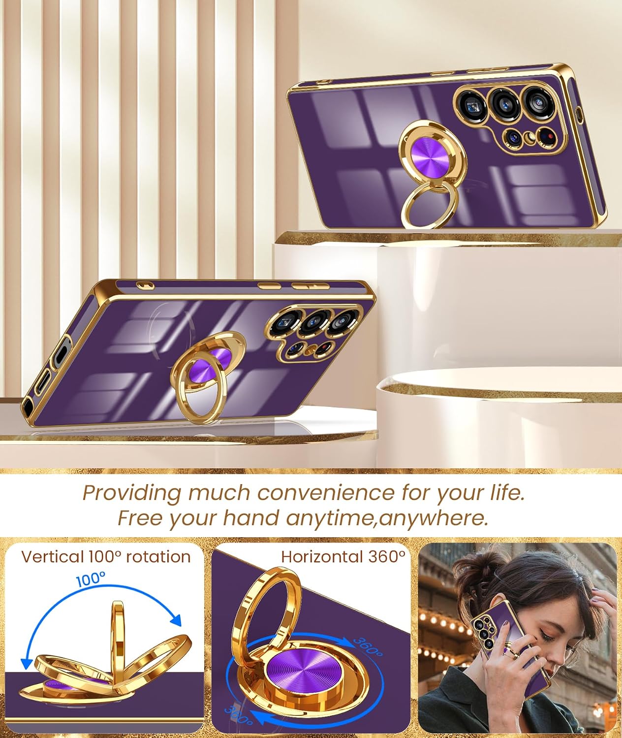 Dretal for Samsung Galaxy S25 Ultra 5G Case, 2X Screen Protector, 360°Rotatable Ring Holder Magnetic Kickstand,Plated Gold Edge Slim Soft TPU Protective Phone Cover for Galaxy S25 Ultra (Deep Purple) WN420