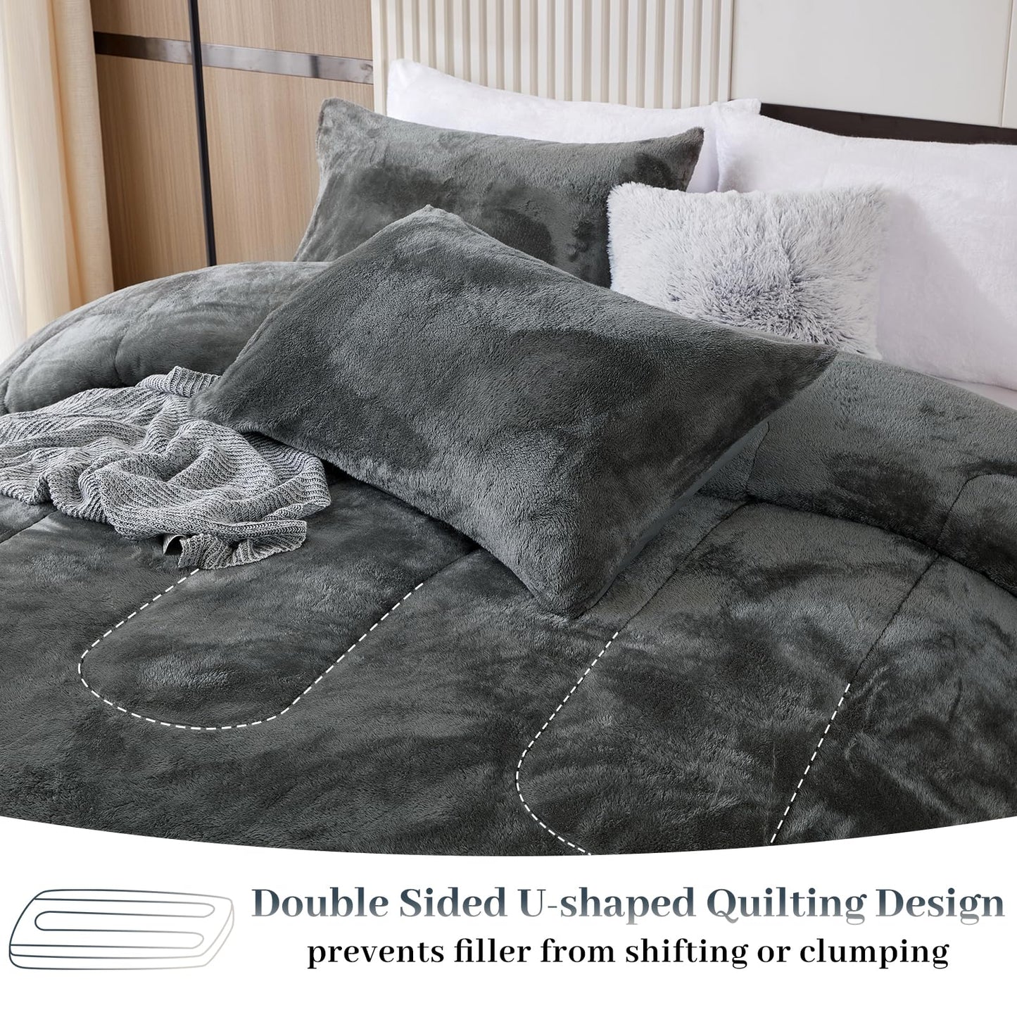 YIYEA Fluffy Queen Size Comforter Set, Luxury Faux Fur Comforter, Ultra Soft Plush Fuzzy Velvet Bedding Comforter Sets for Fall Winter, Cozy Warmth, No Shedding, 3PC, Queen, Light Grey BST326H